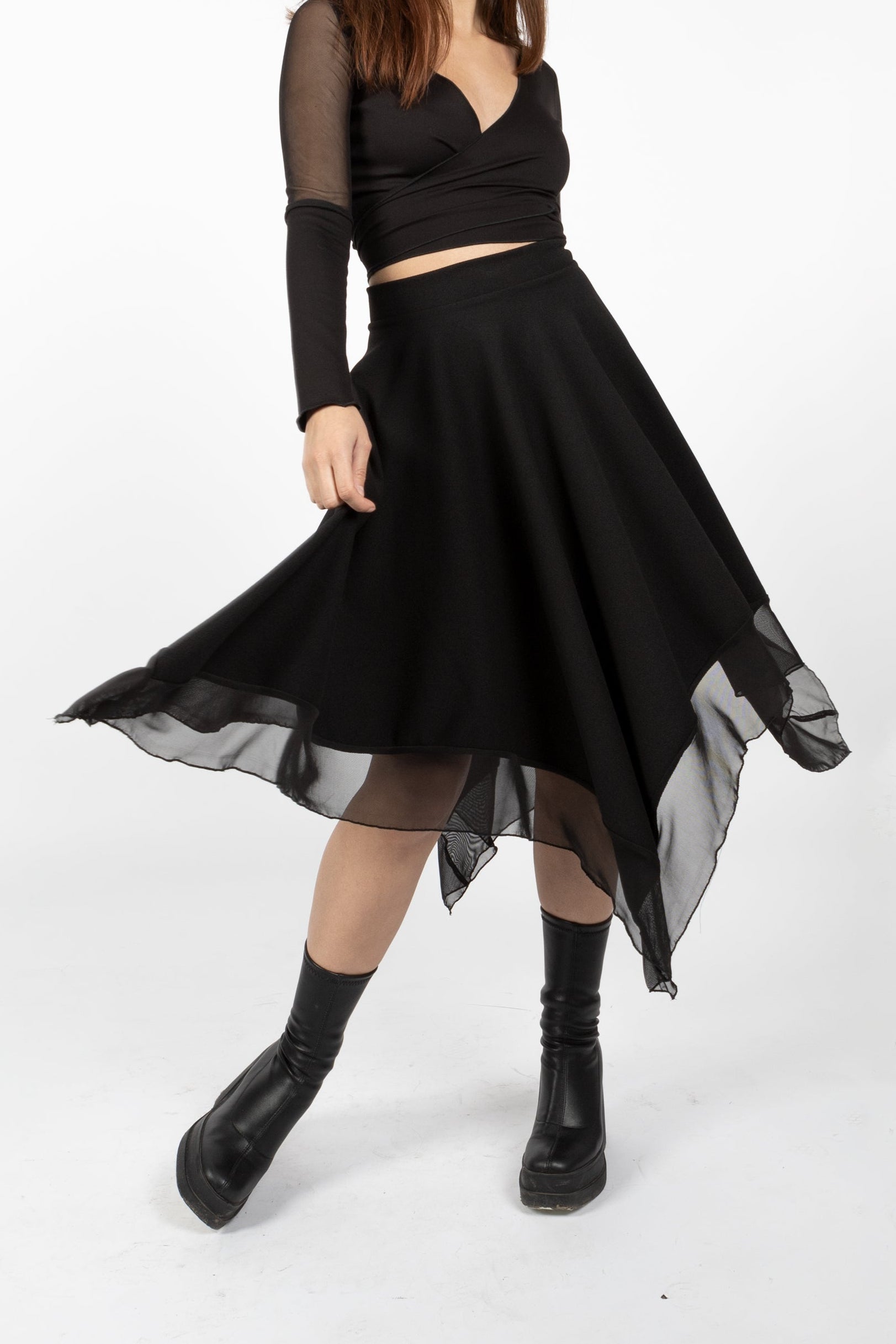 Black Witch Maxi Skirt – Asymmetrical Fairy Skirt with Tulle Layers