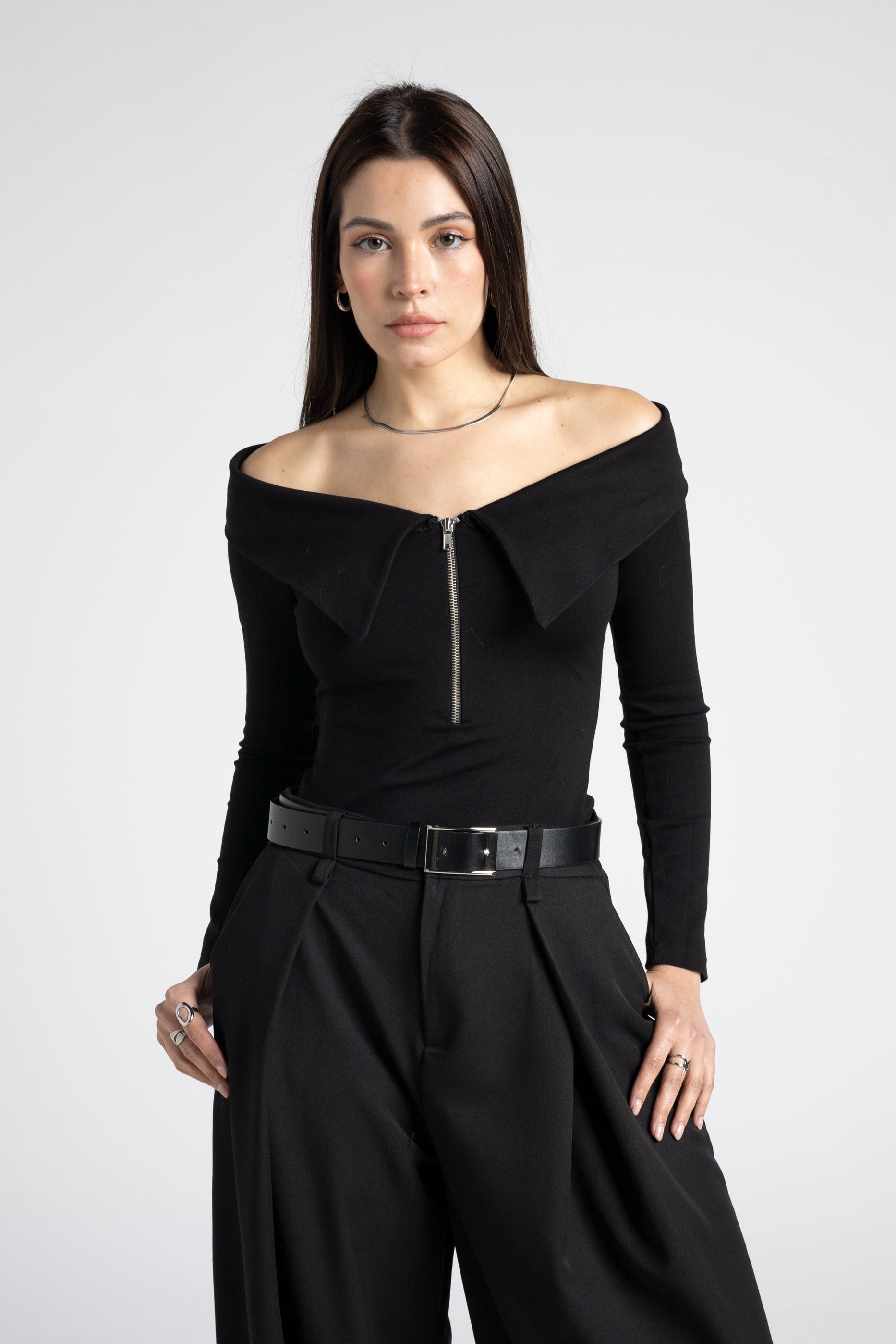 Boat neck collar zipper top- Bardot victorian top