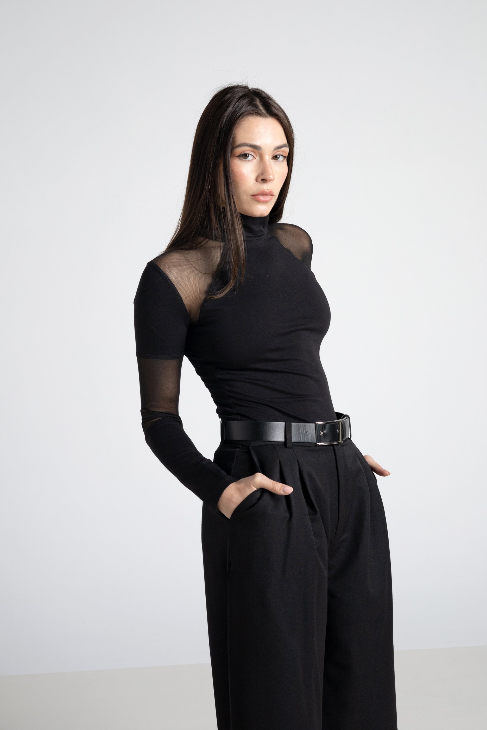 Black sleeve top with mesh details