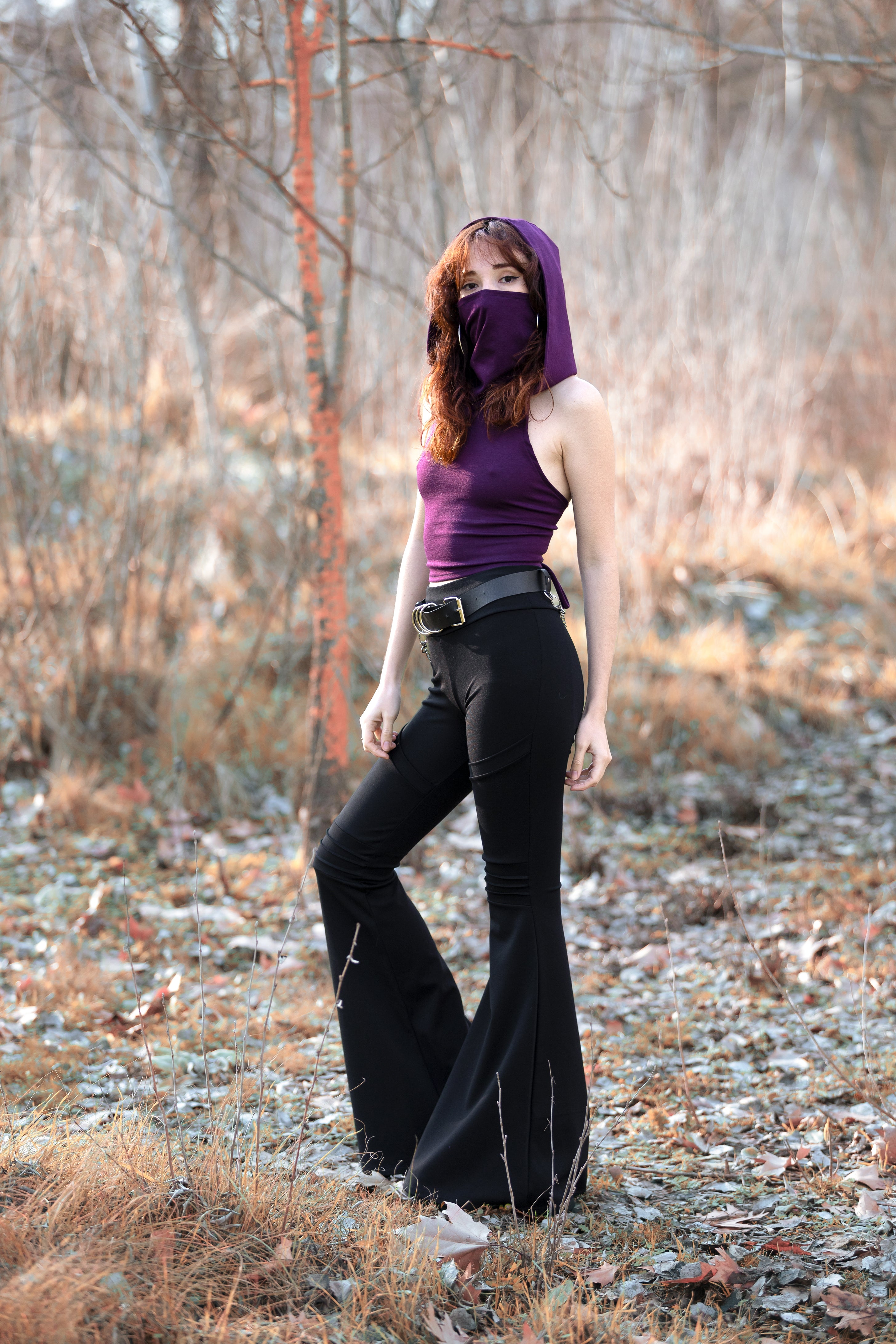 Black Hooded black crop top with face dust mask