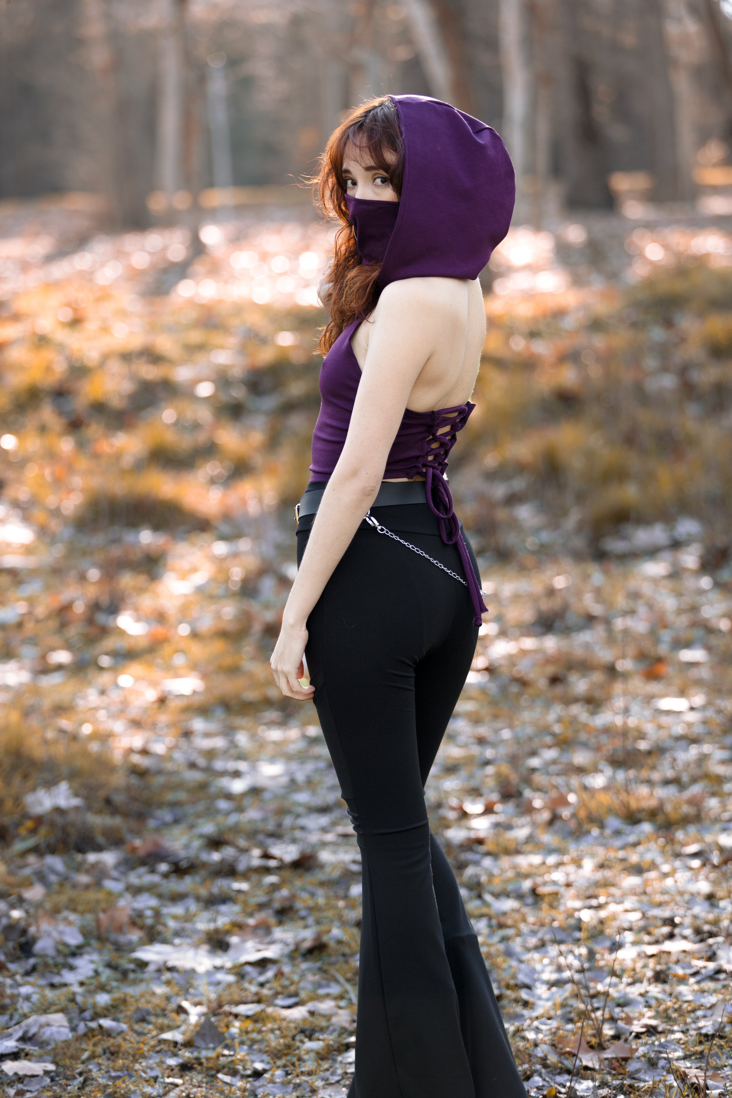 Black Hooded black crop top with face dust mask - Festival outfit