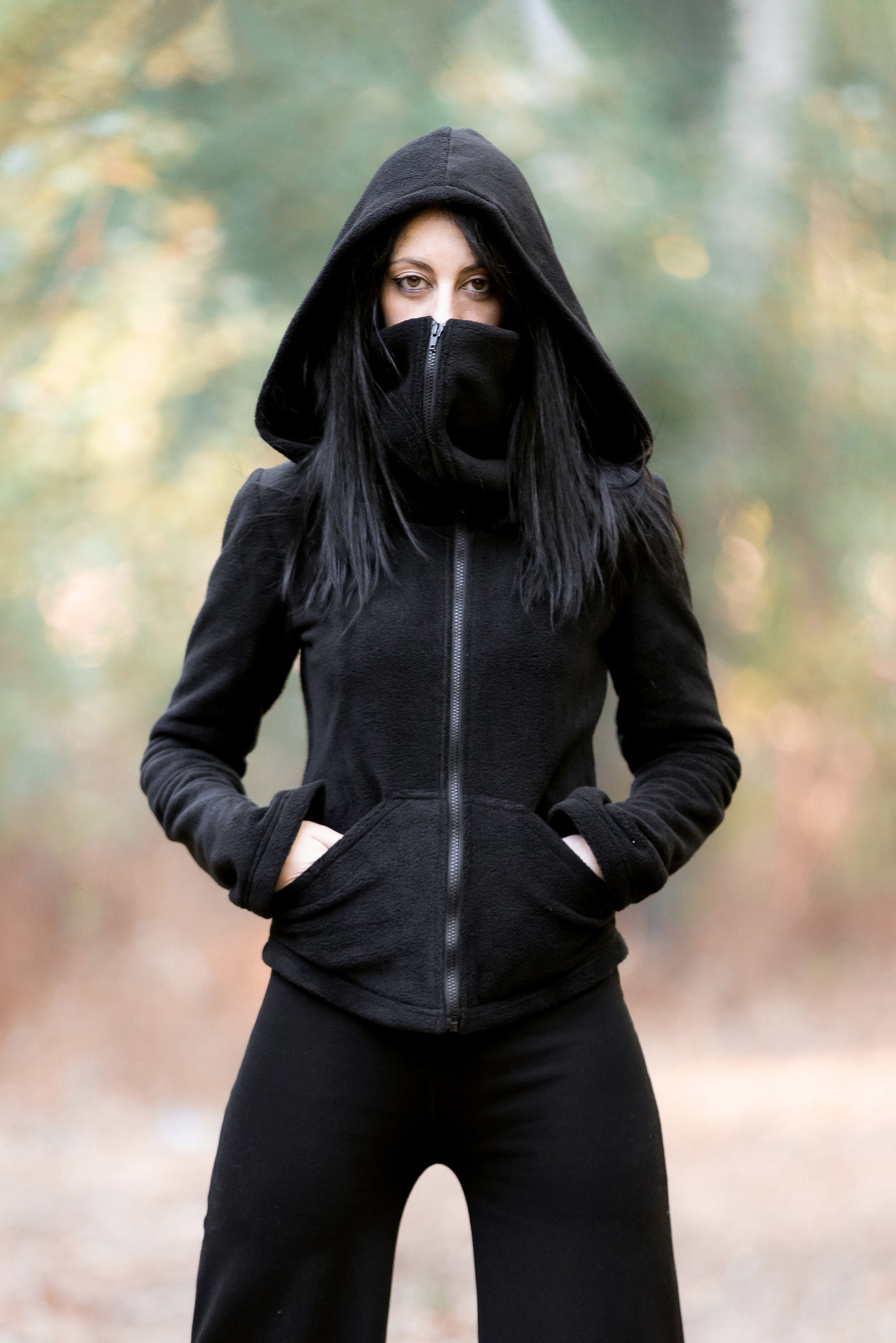 Green Ninja Hooded Fleece Jacket – Gothic Pixie Winter Coat with Face Mask