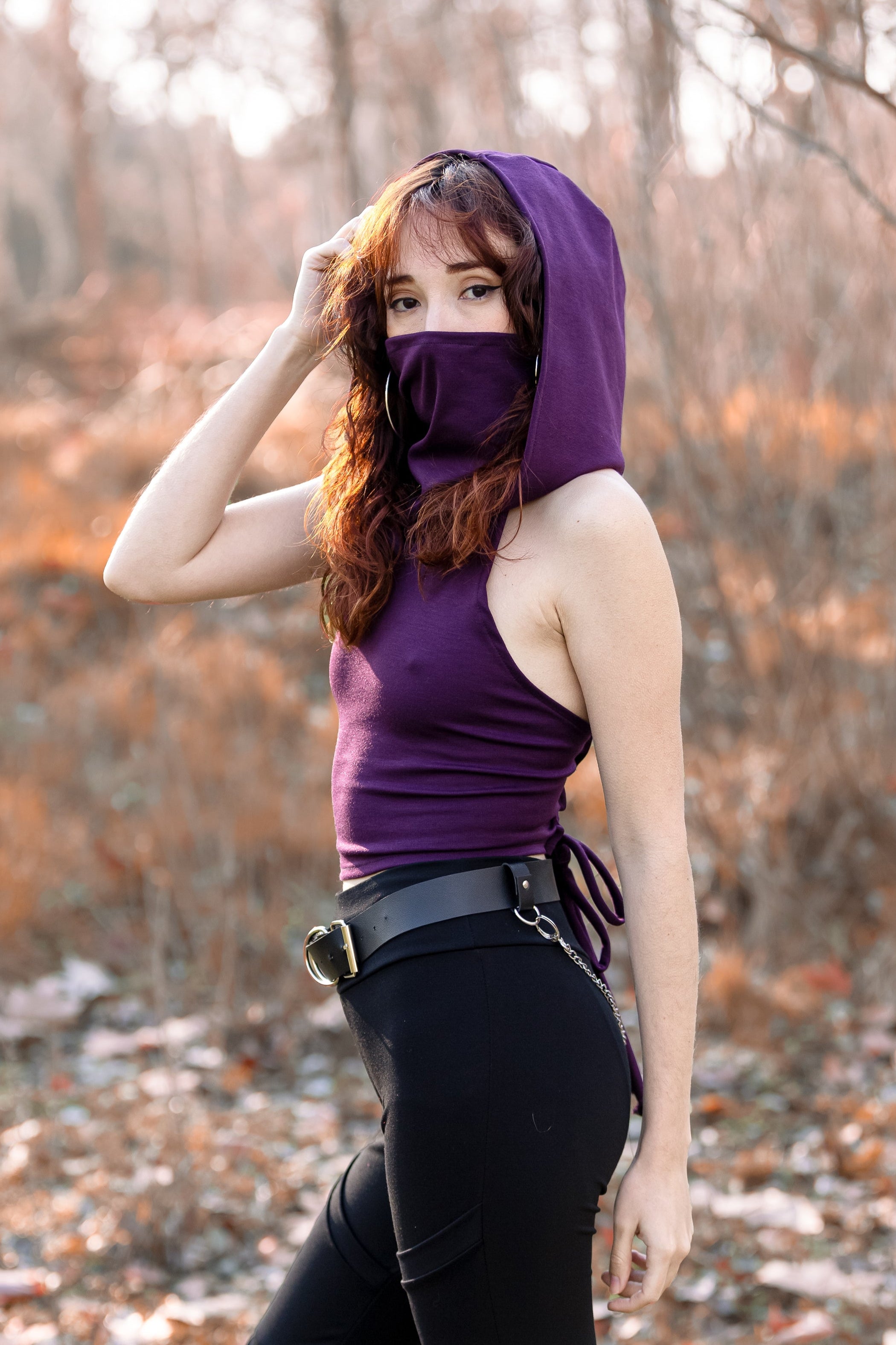Black Hooded black crop top with face dust mask