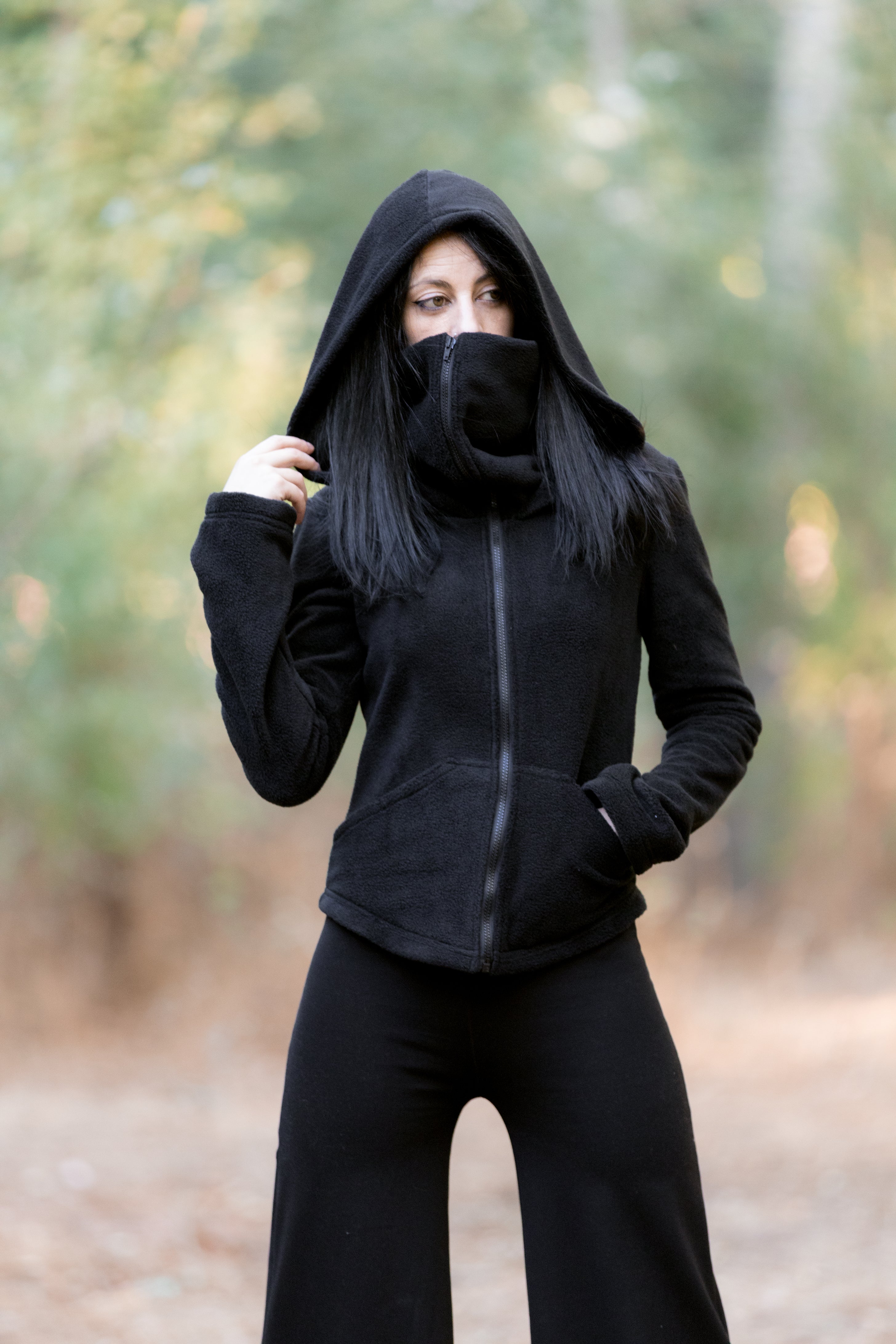 Green Ninja Hooded Fleece Jacket – Gothic Pixie Winter Coat with Face Mask