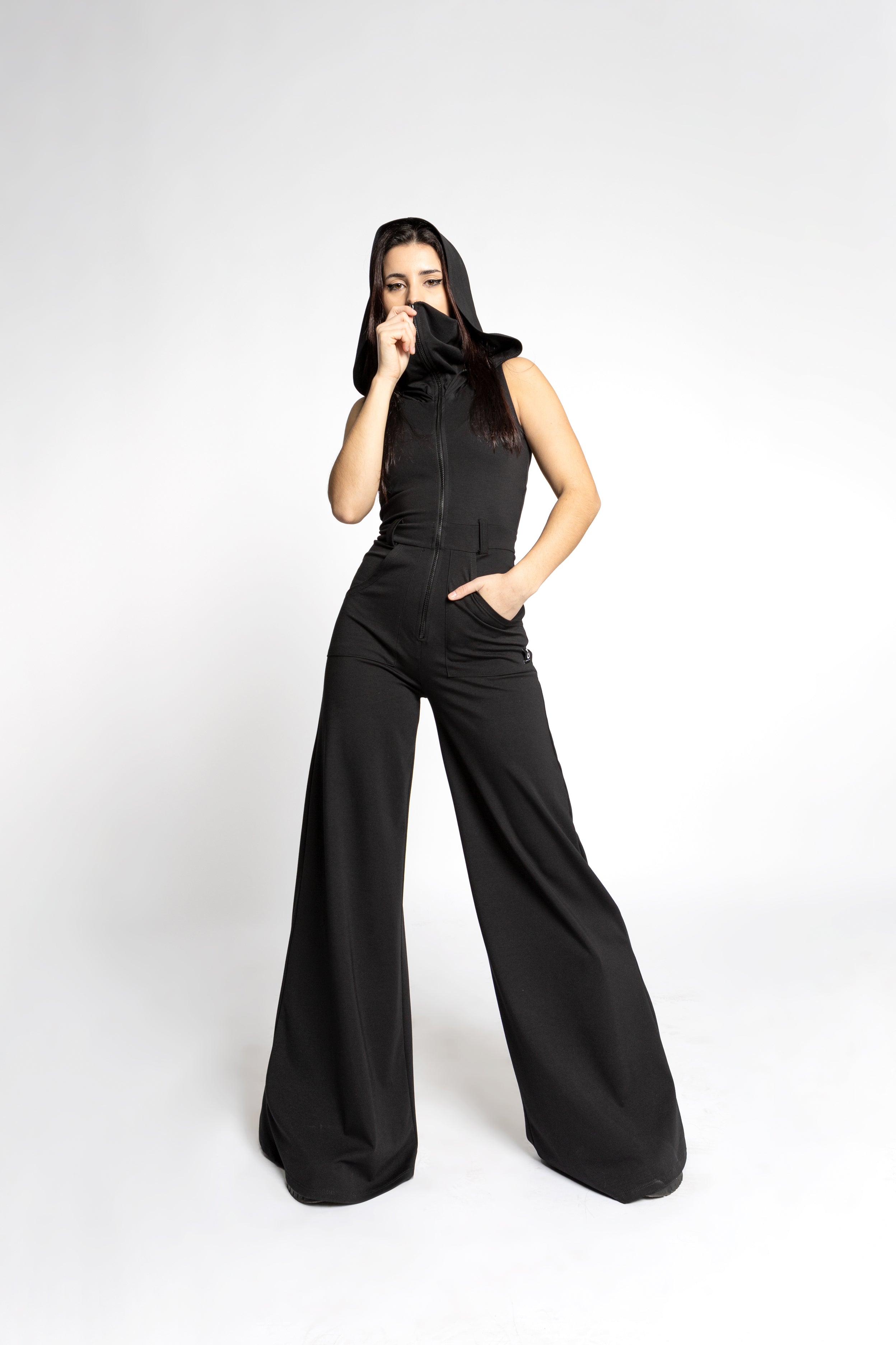 Sleeveless floor length hooded Mask Jumpsuit