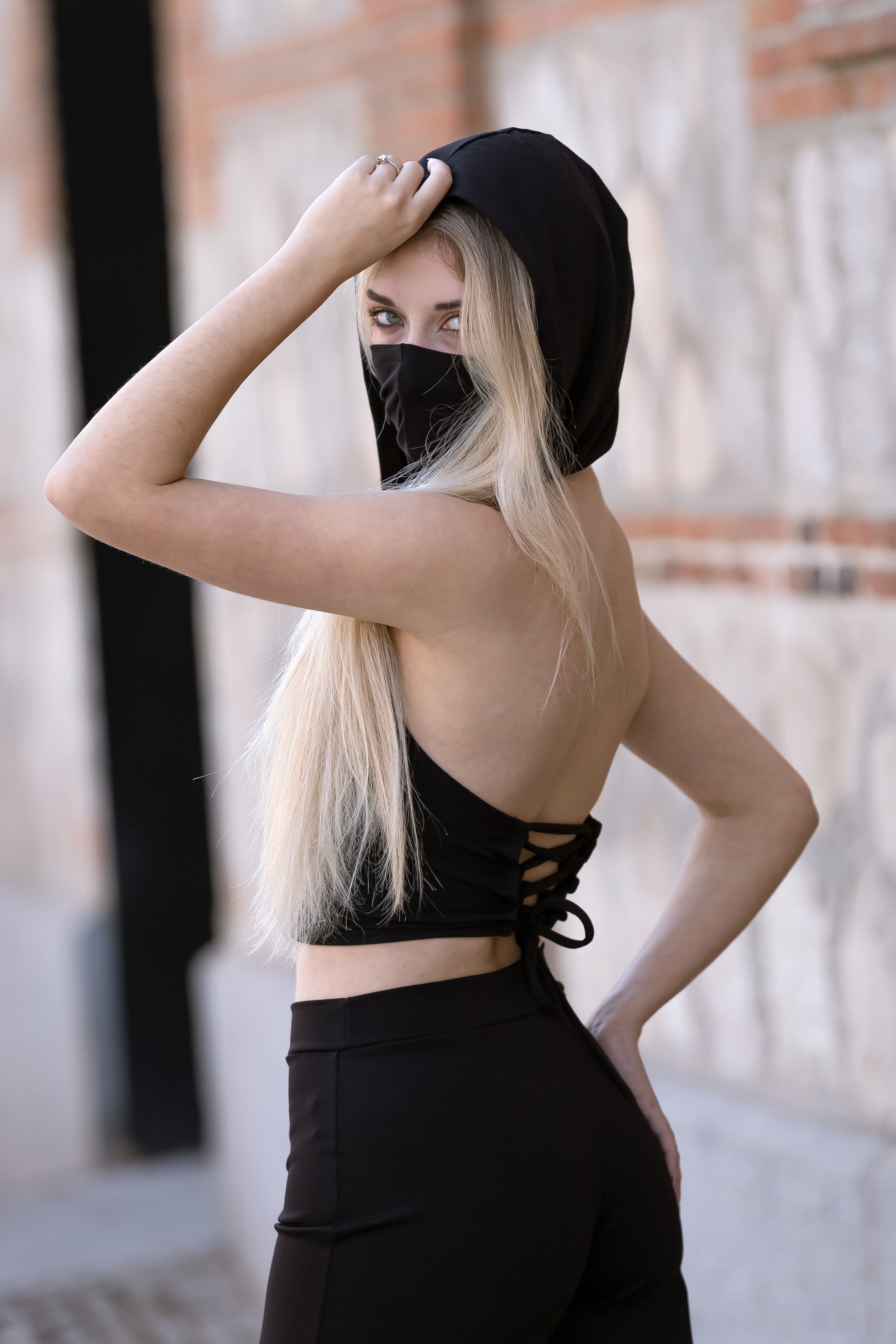 Black Hooded black crop top with face dust mask