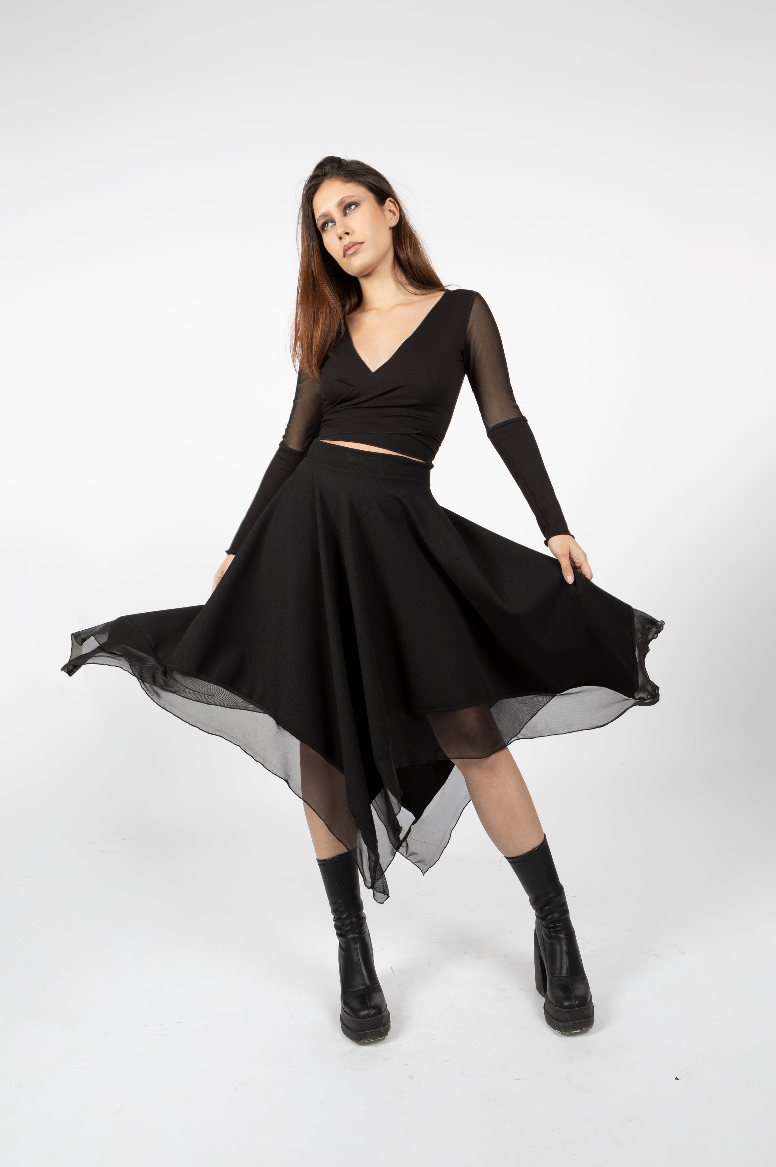Black Witch Maxi Skirt – Asymmetrical Fairy Skirt with Tulle Layers
