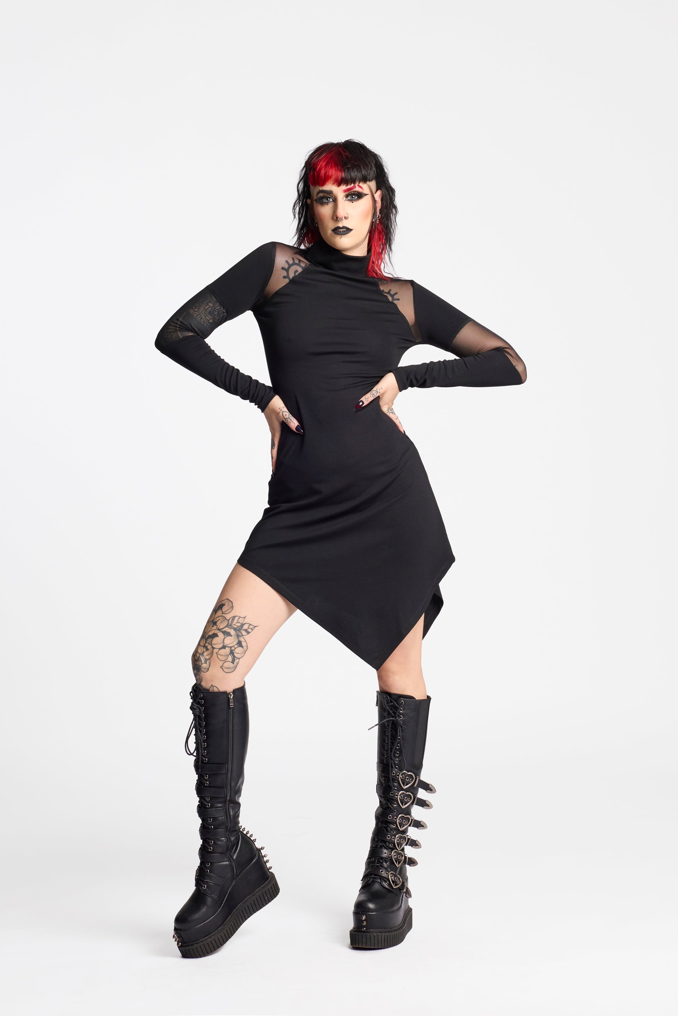 Futuristic Mesh Midi Dress – Asymmetrical & High Neck