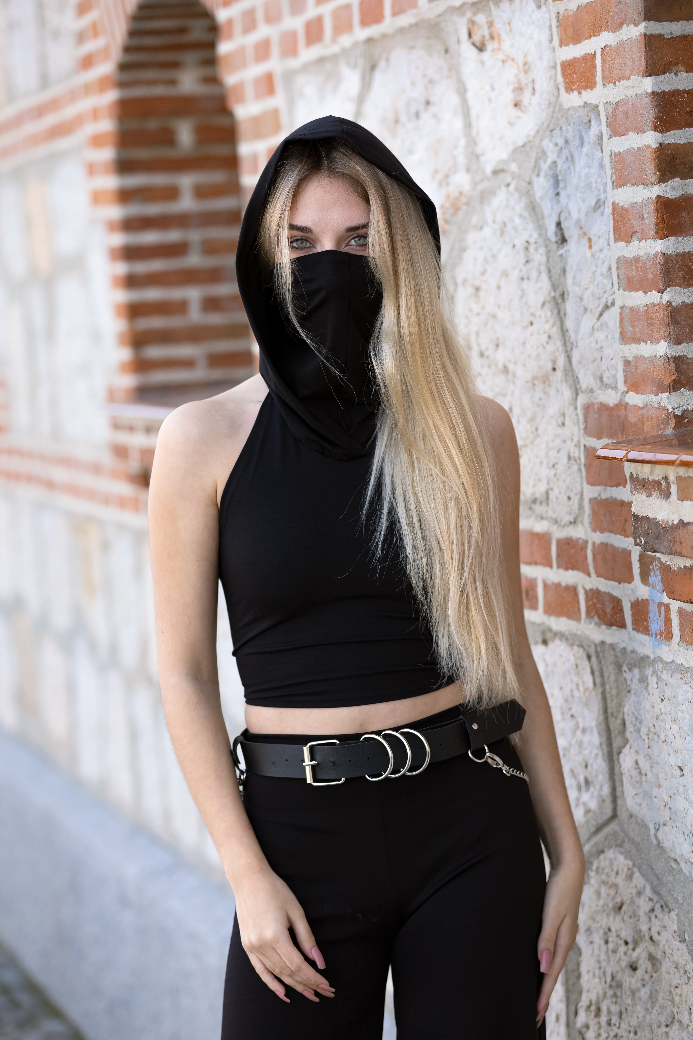 Black Hooded black crop top with face dust mask