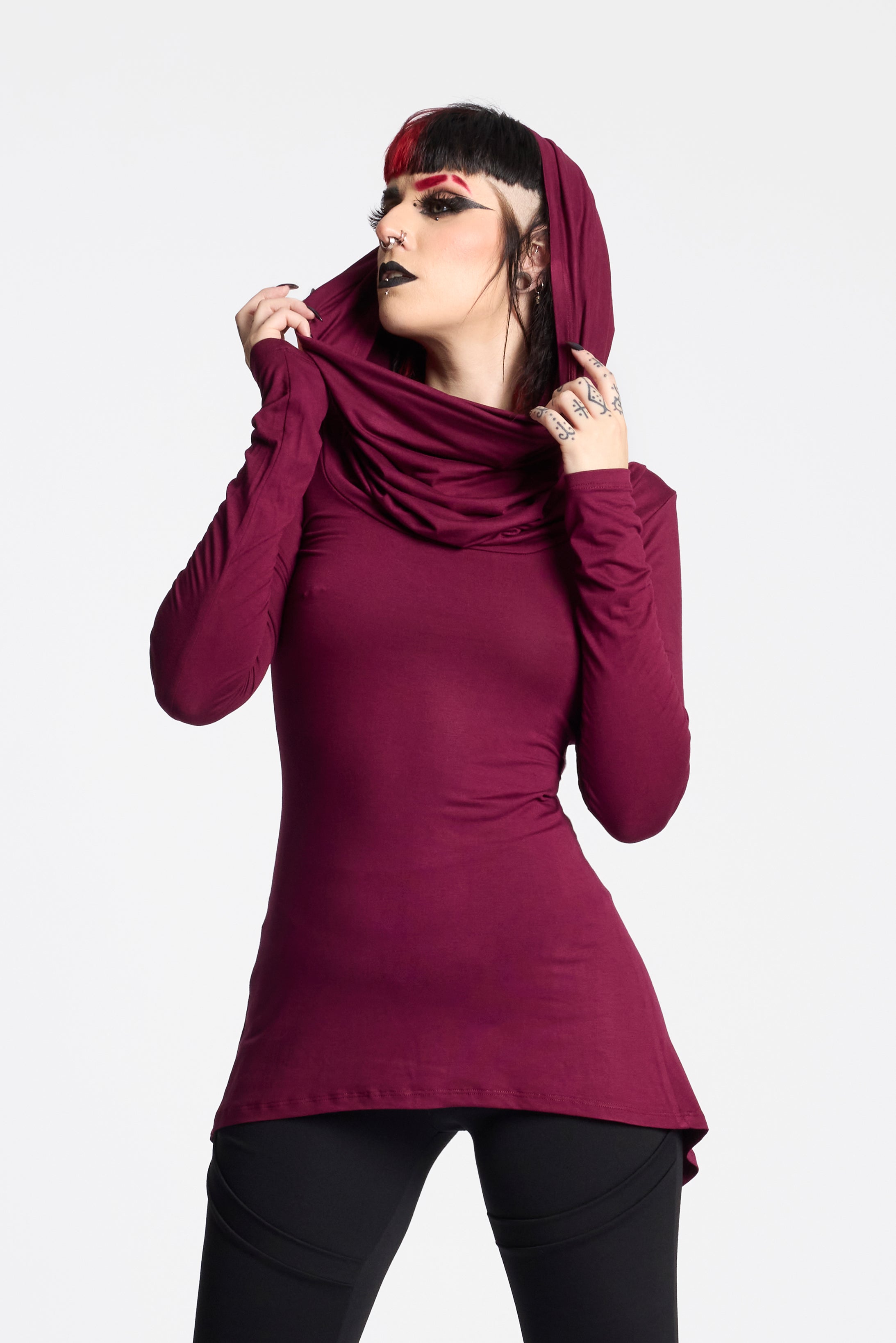Hikari Wine Hooded Elven Cowl Neck Top
