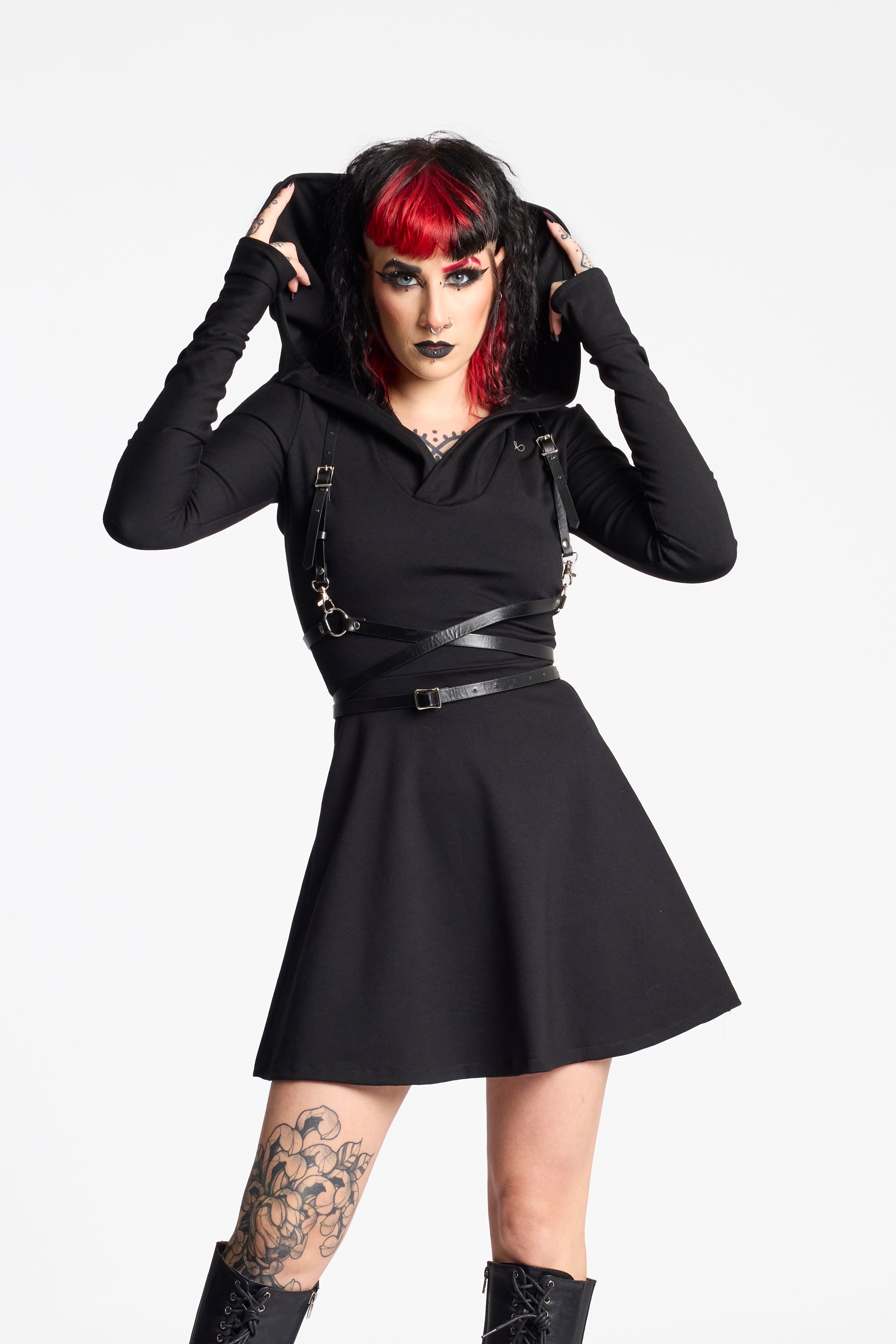 Lilith hooded skater dress with long sleeve and thumbholes