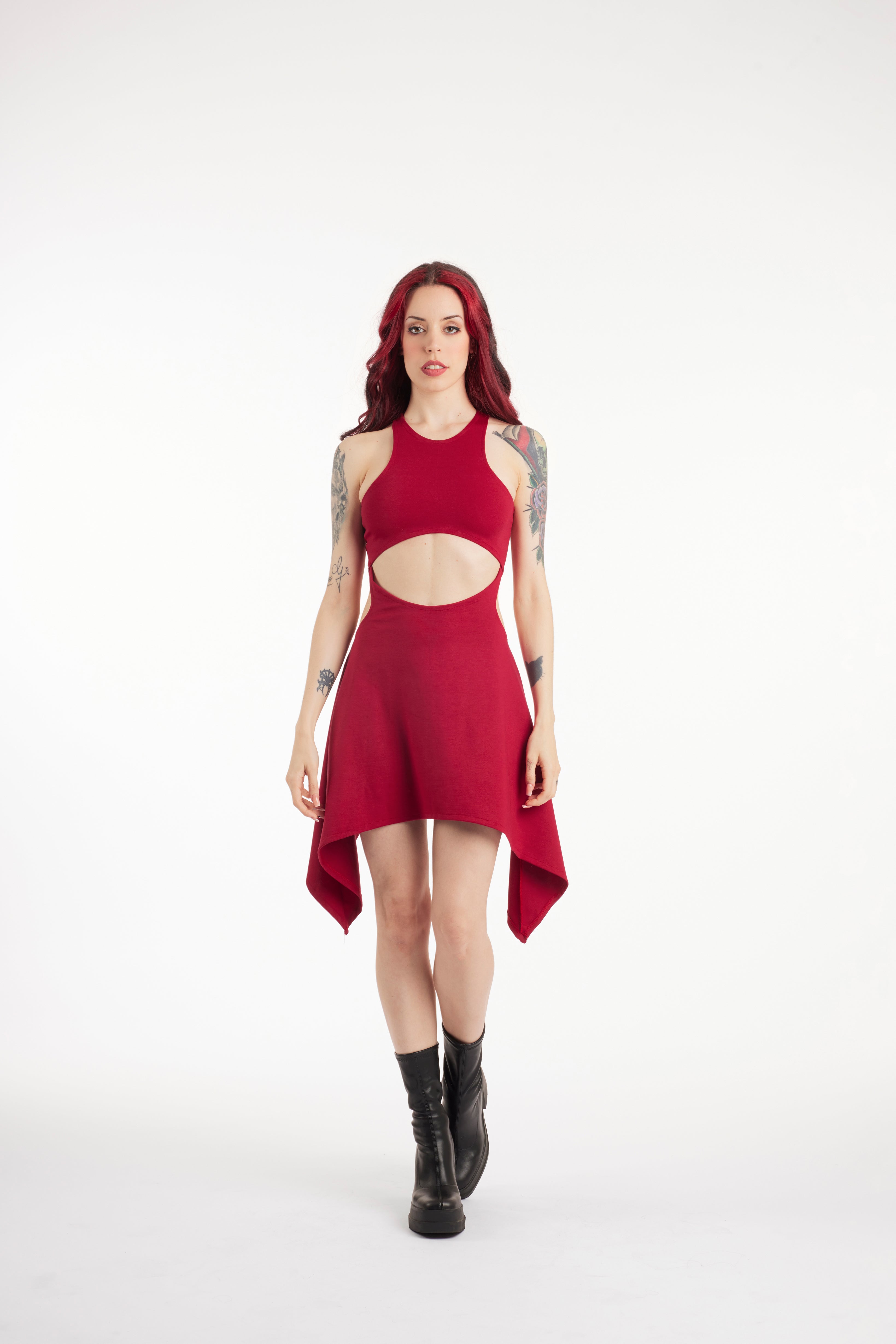 Red Asymmetric Sleeveless Summer Dress | Organic Cotton Jersey Festival Cut-Out Dress