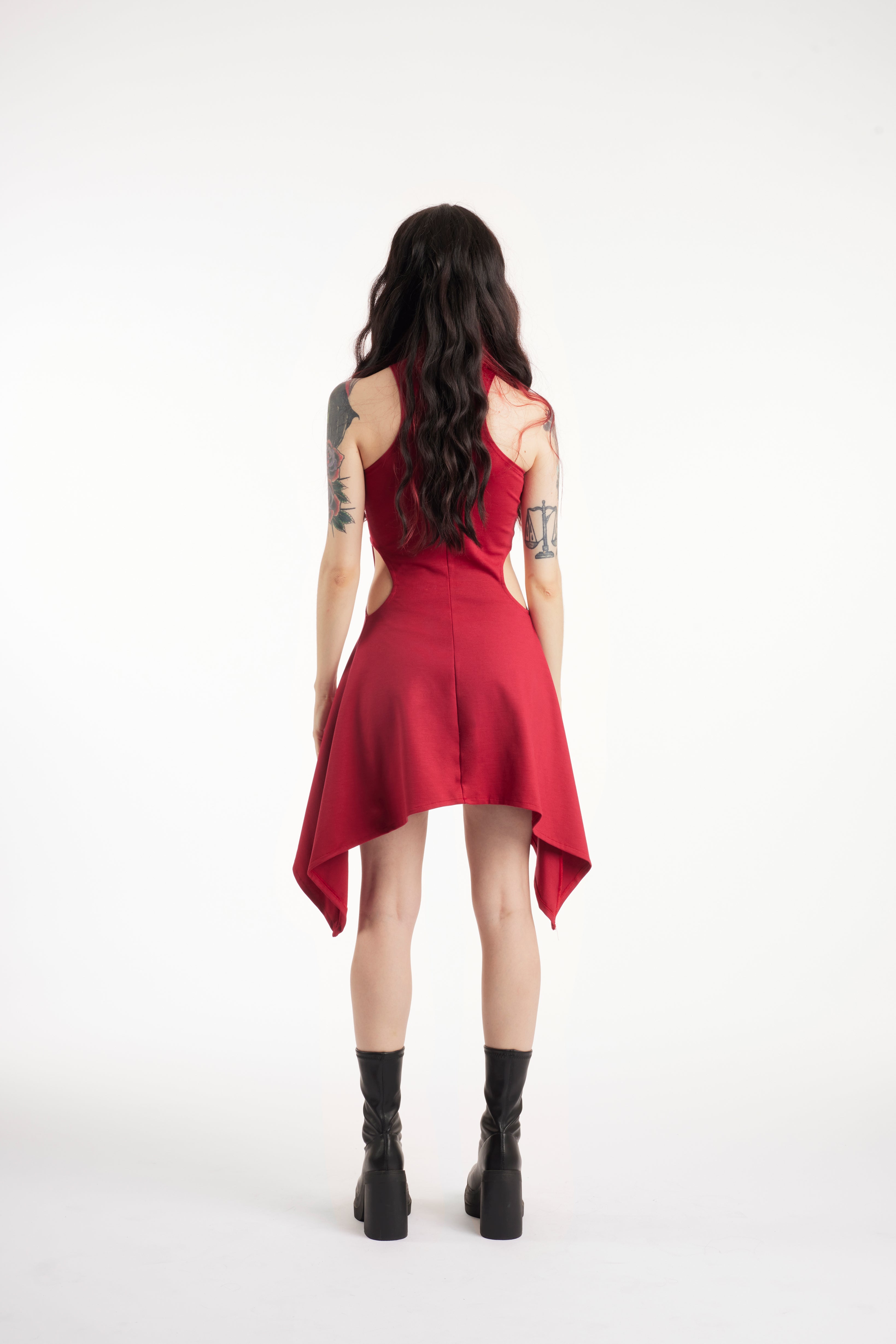 Red Asymmetric Sleeveless Summer Dress | Organic Cotton Jersey Festival Cut-Out Dress