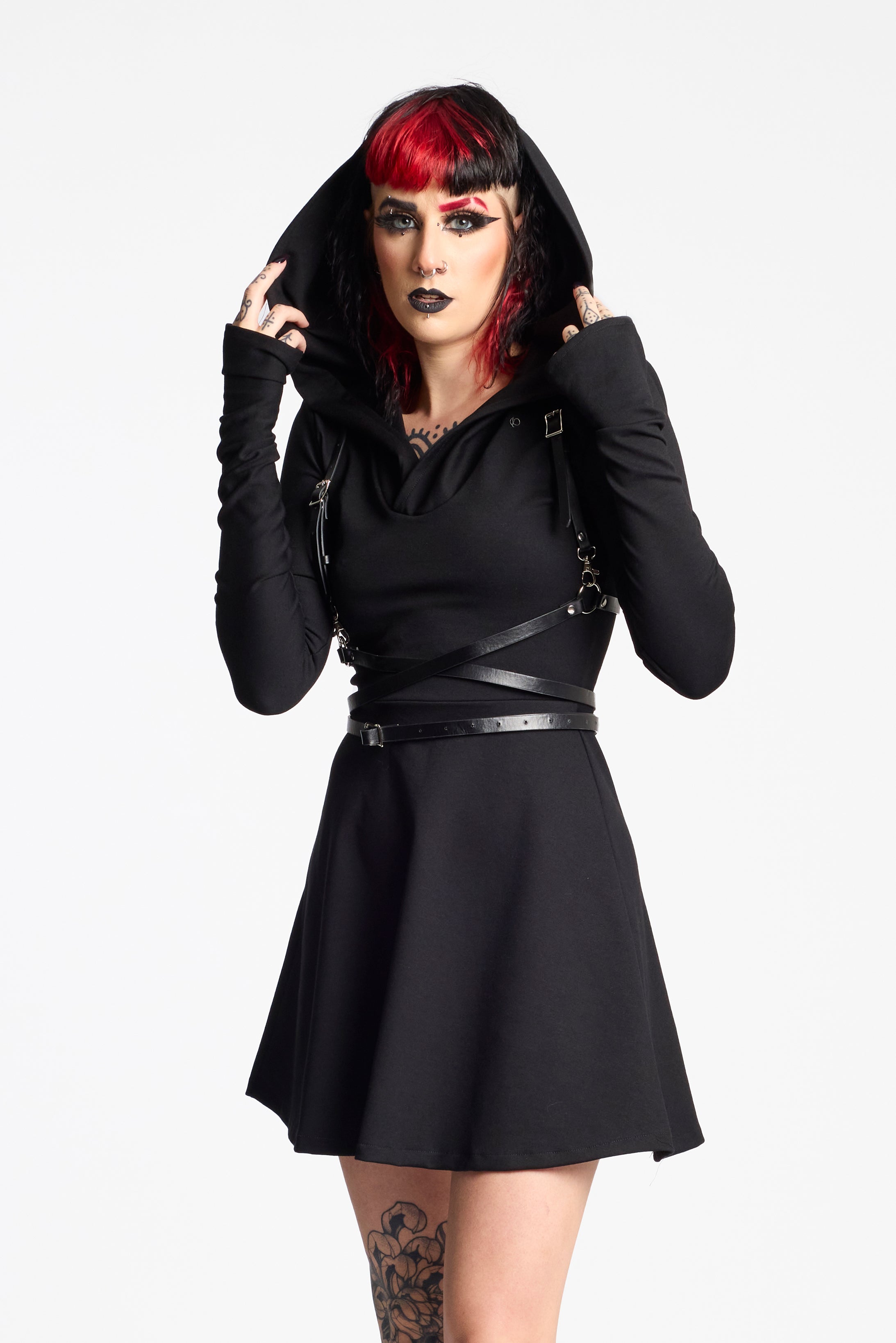 Lilith hooded skater dress with long sleeve and thumbholes
