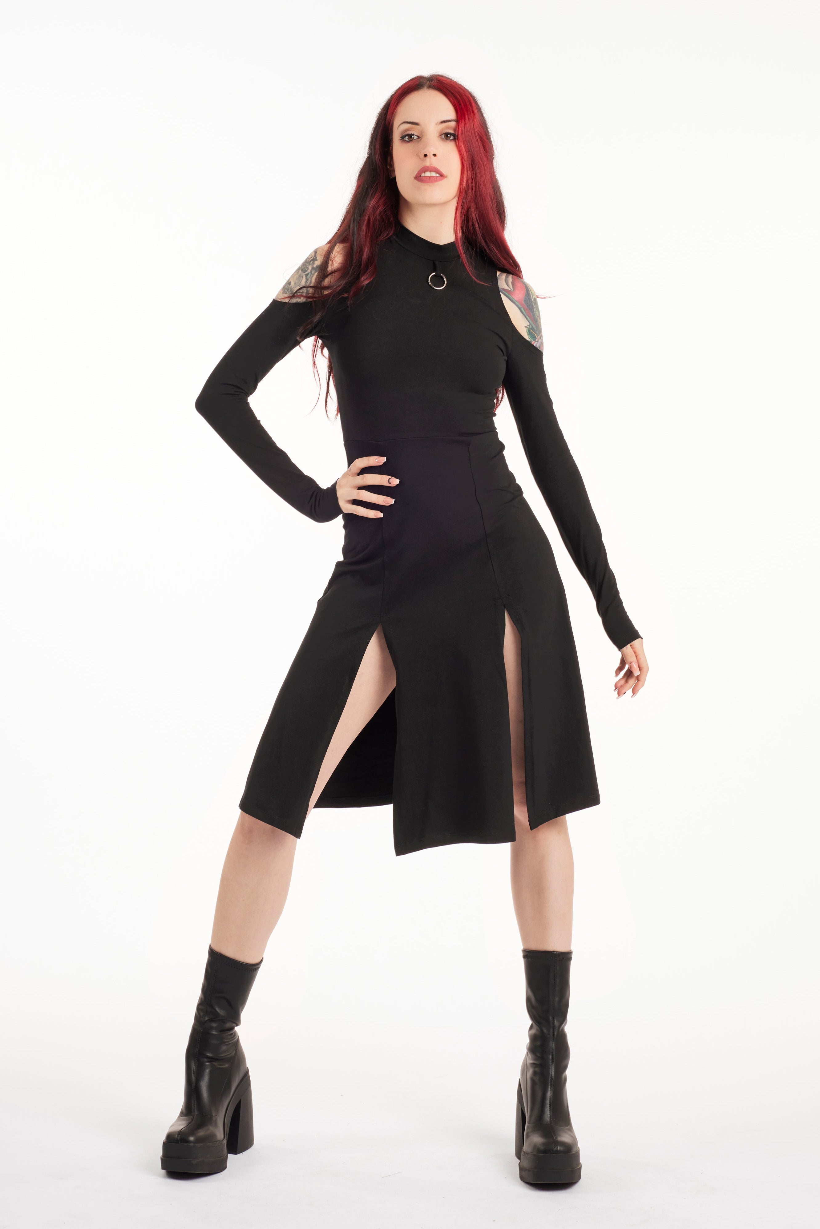 Grunge front slits sleeve midi dress