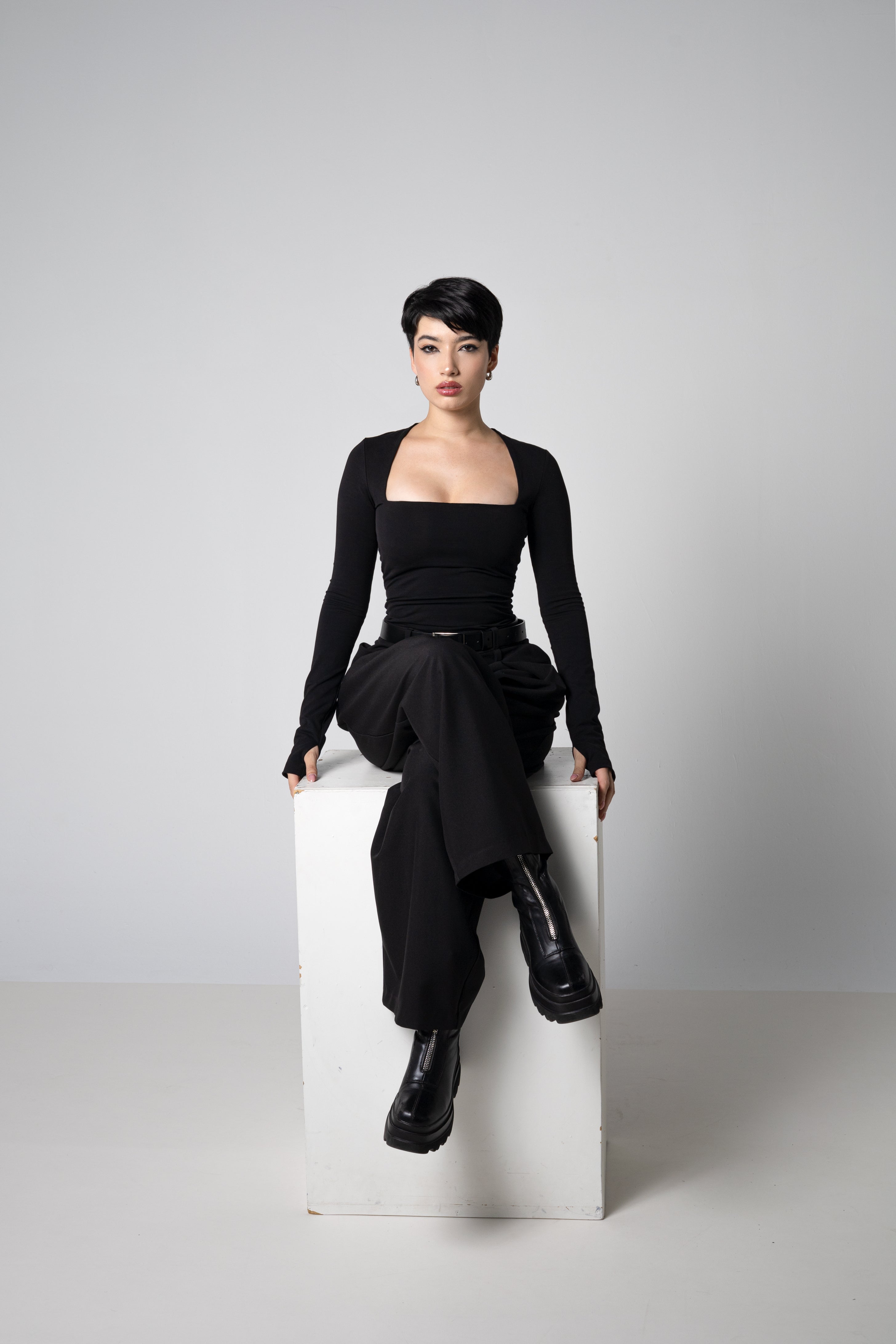 Square Neck Long Sleeve Top made from Organic Cotton - Thumbhole sleeve