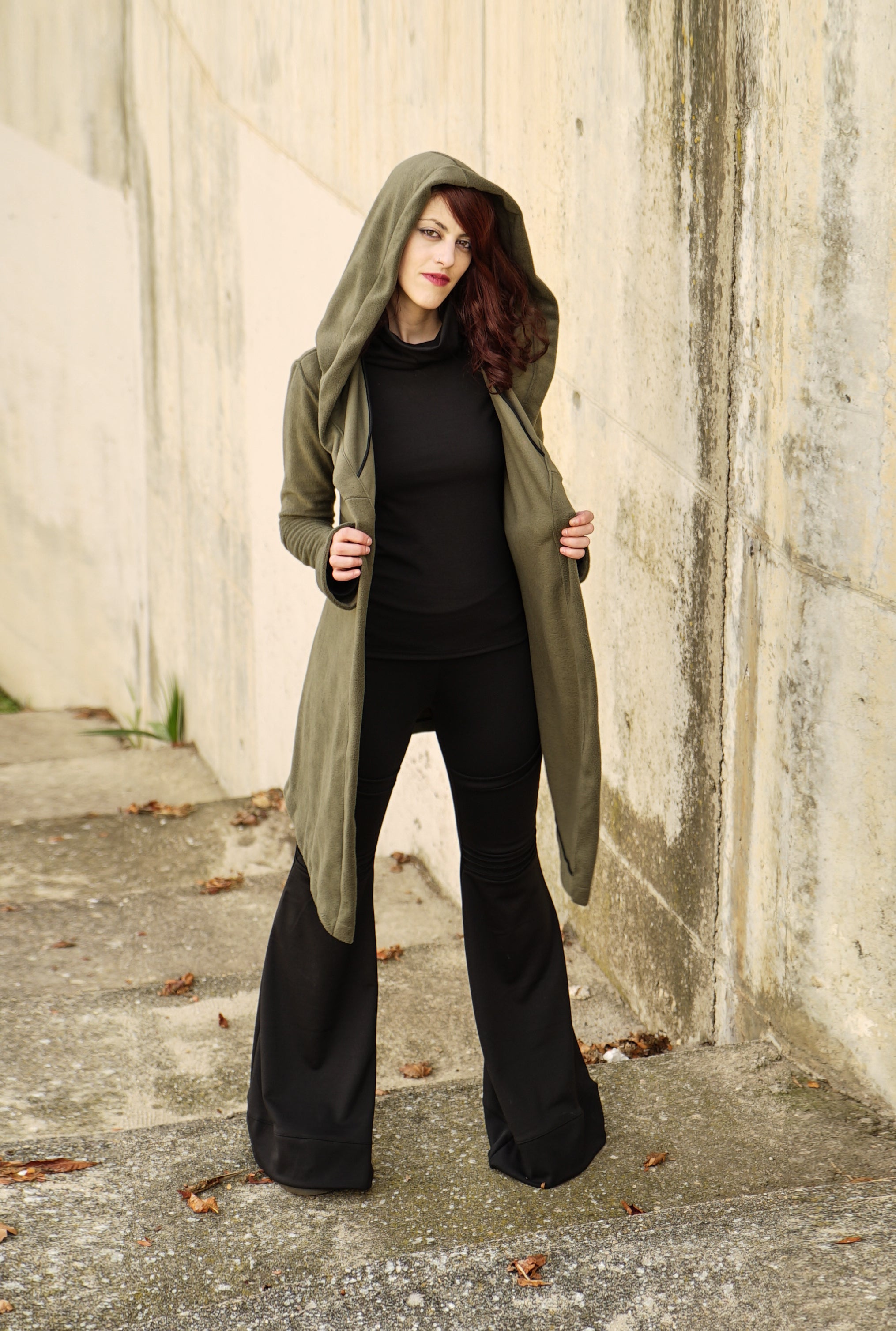 Green Hooded Elven Wrap Cloak – Asymmetrical Fleece Cape with Maxi Hood