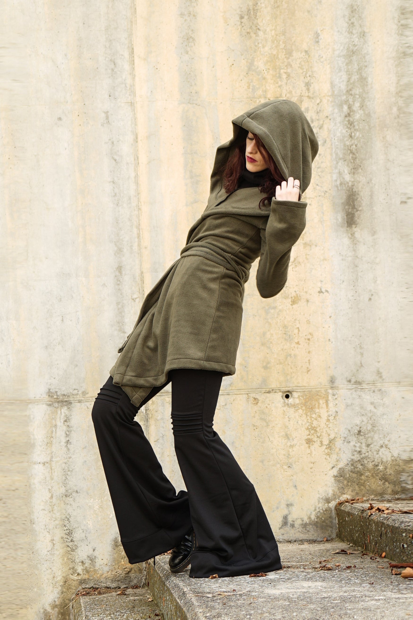 Green Hooded Elven Wrap Cloak – Asymmetrical Fleece Cape with Maxi Hood