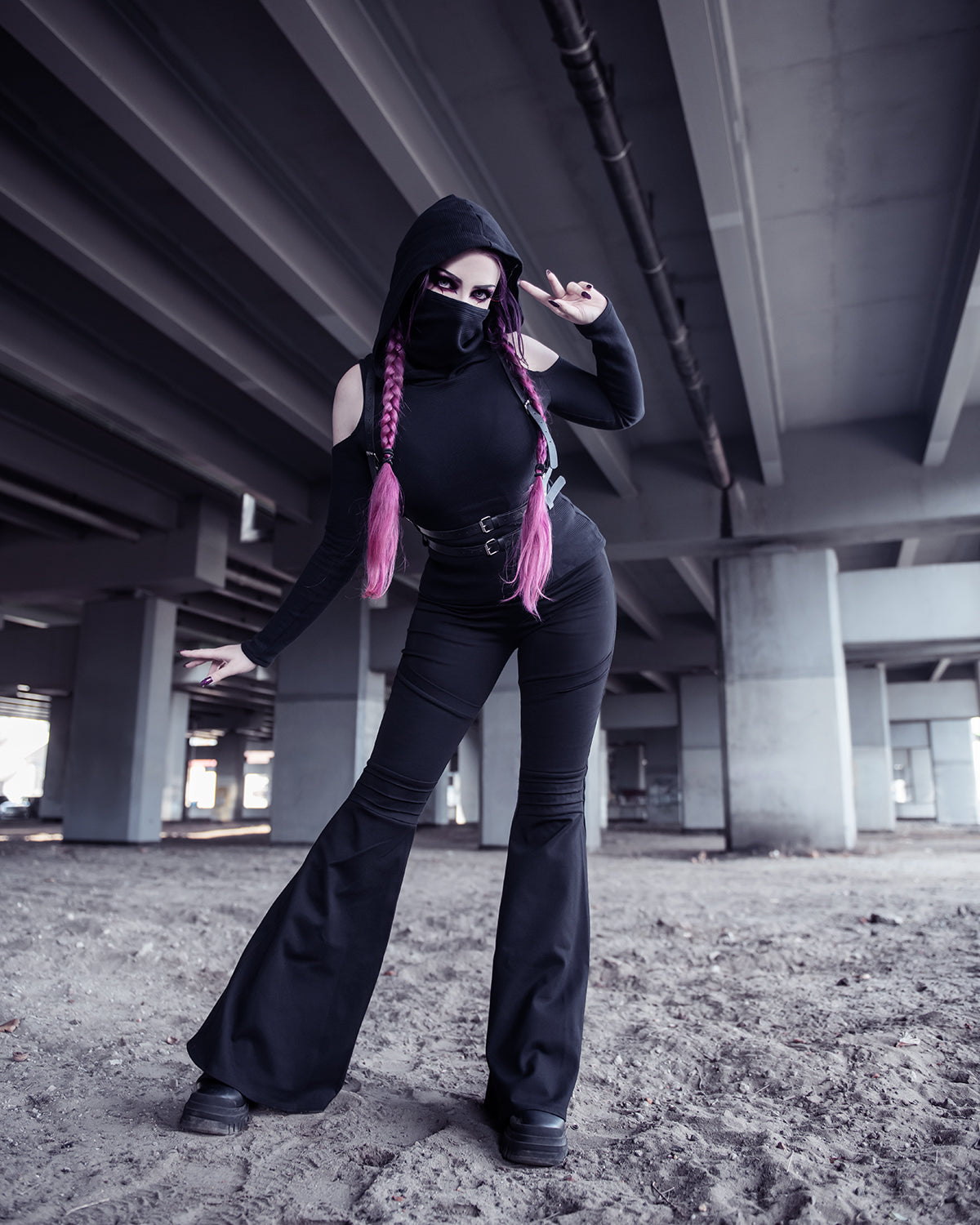 Black Gothic Elven Hoodie with Face Mask – Grunge Festival Long Sleeve Top