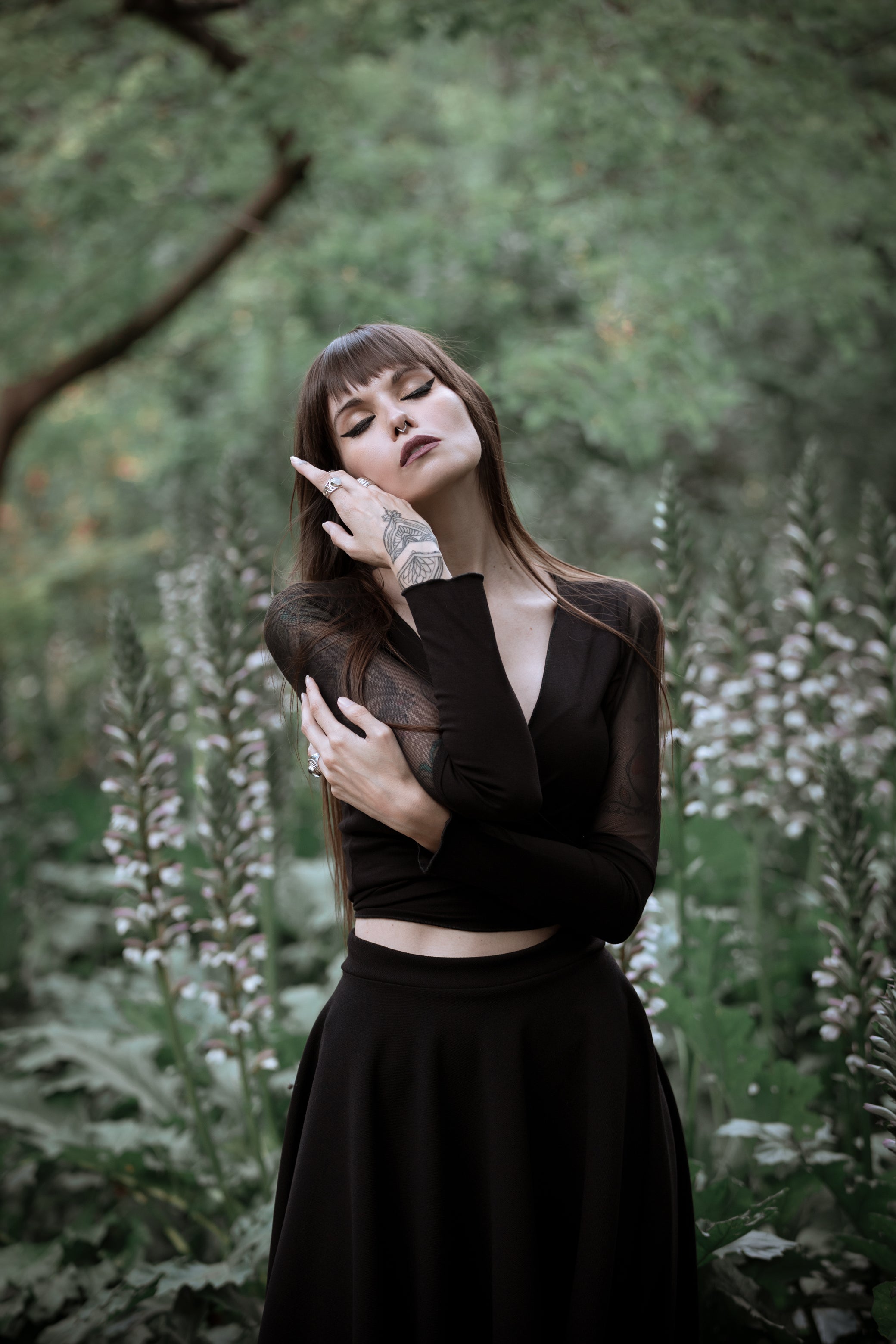 Black Mesh Sleeve Wrap VNeck Top – Gothic & Elegant Long Sleeve Crop