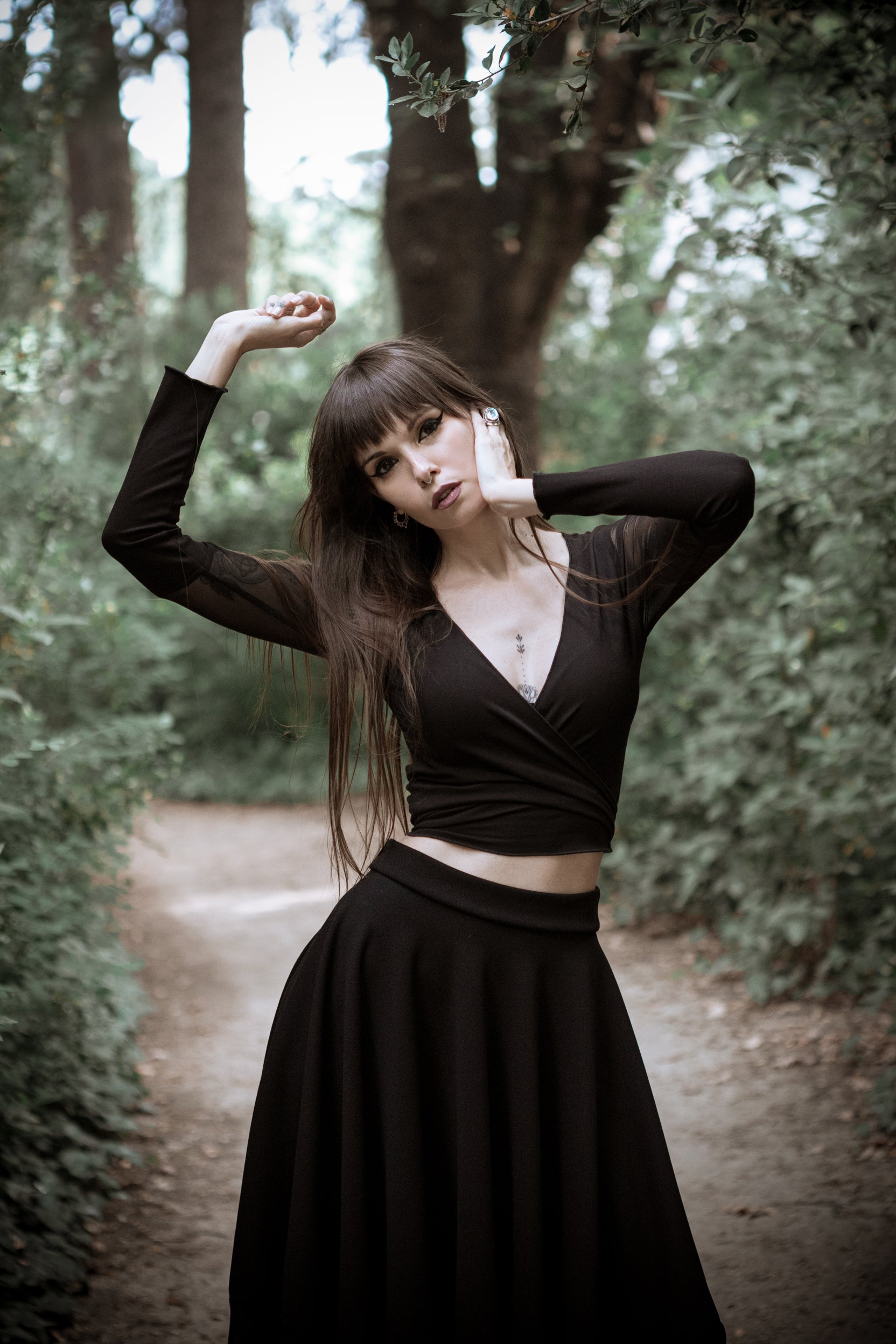 Black Mesh Sleeve Wrap VNeck Top – Gothic & Elegant Long Sleeve Crop