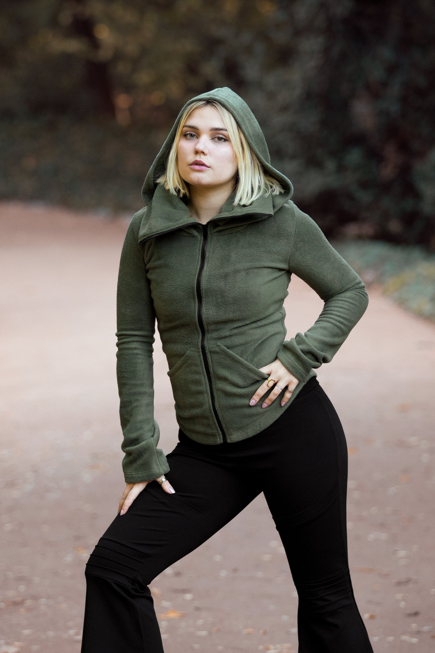 Green Ninja Hooded Fleece Jacket – Gothic Pixie Winter Coat with Face Mask