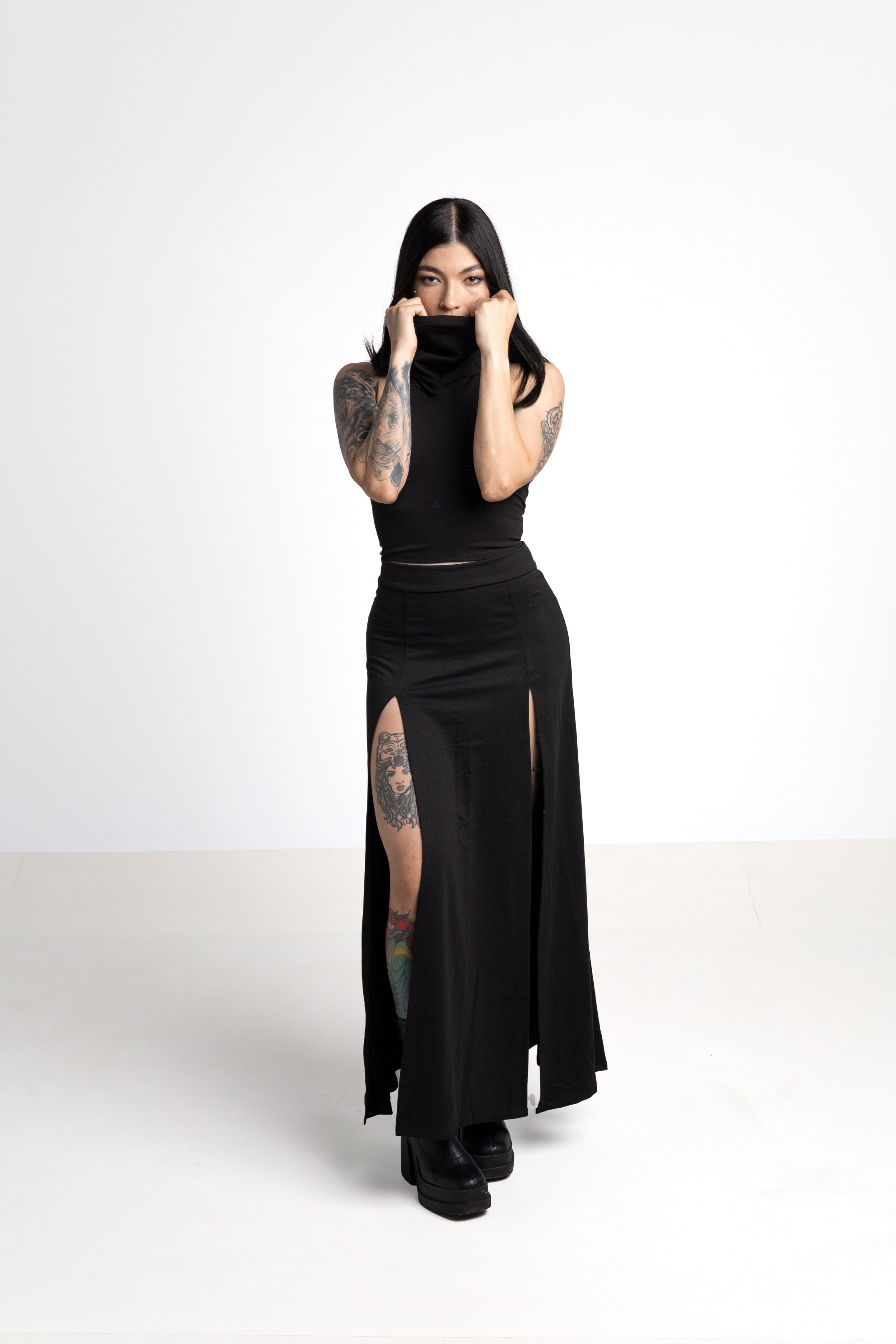 Black Maxi long skirt with double front split