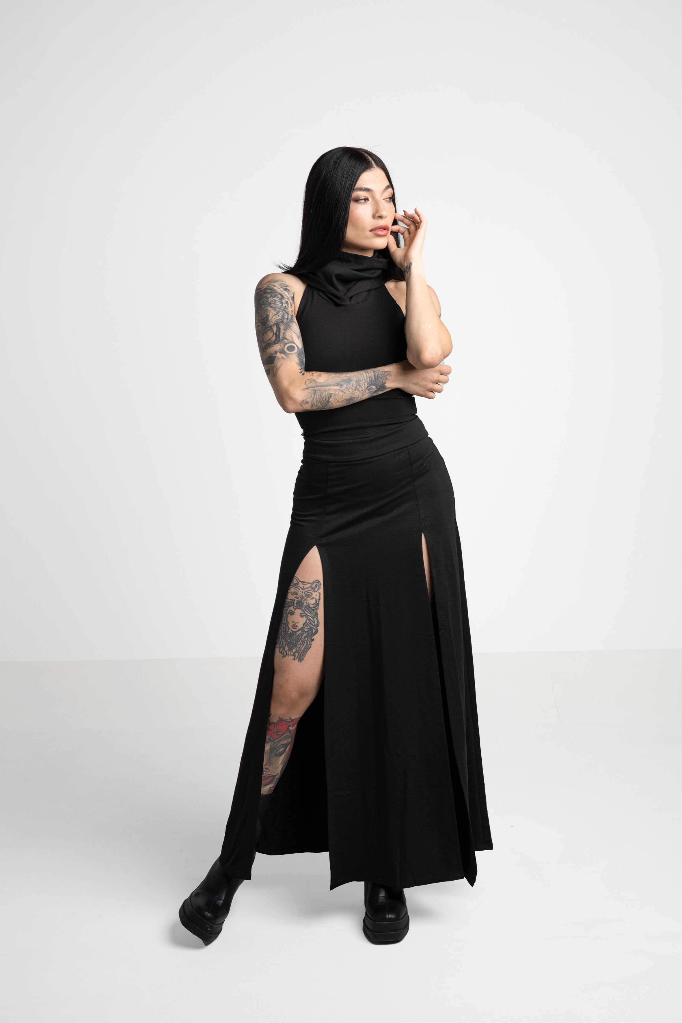 Black Maxi long skirt with double front split