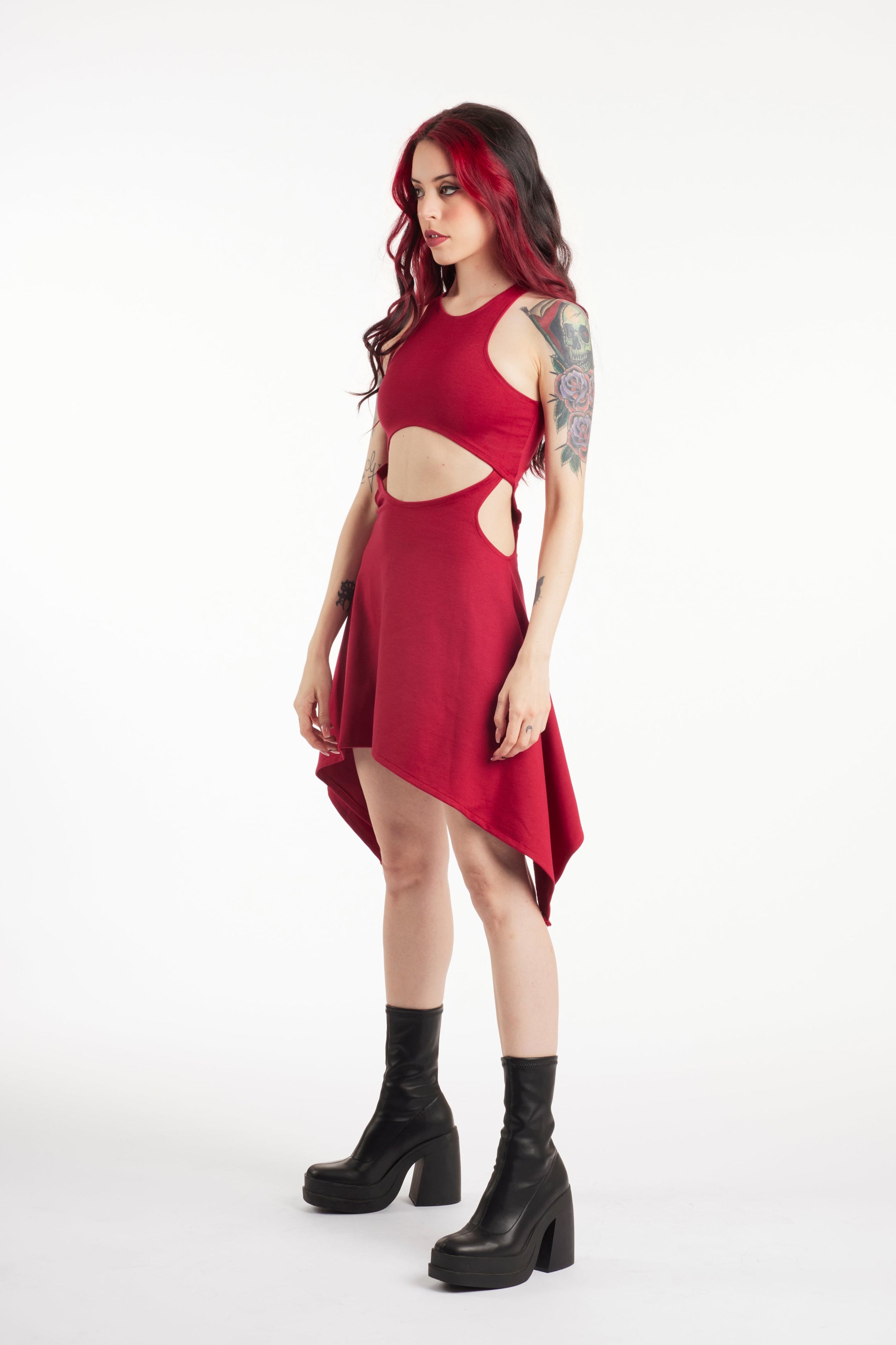 Red Asymmetric Sleeveless Summer Dress | Organic Cotton Jersey Festival Cut-Out Dress