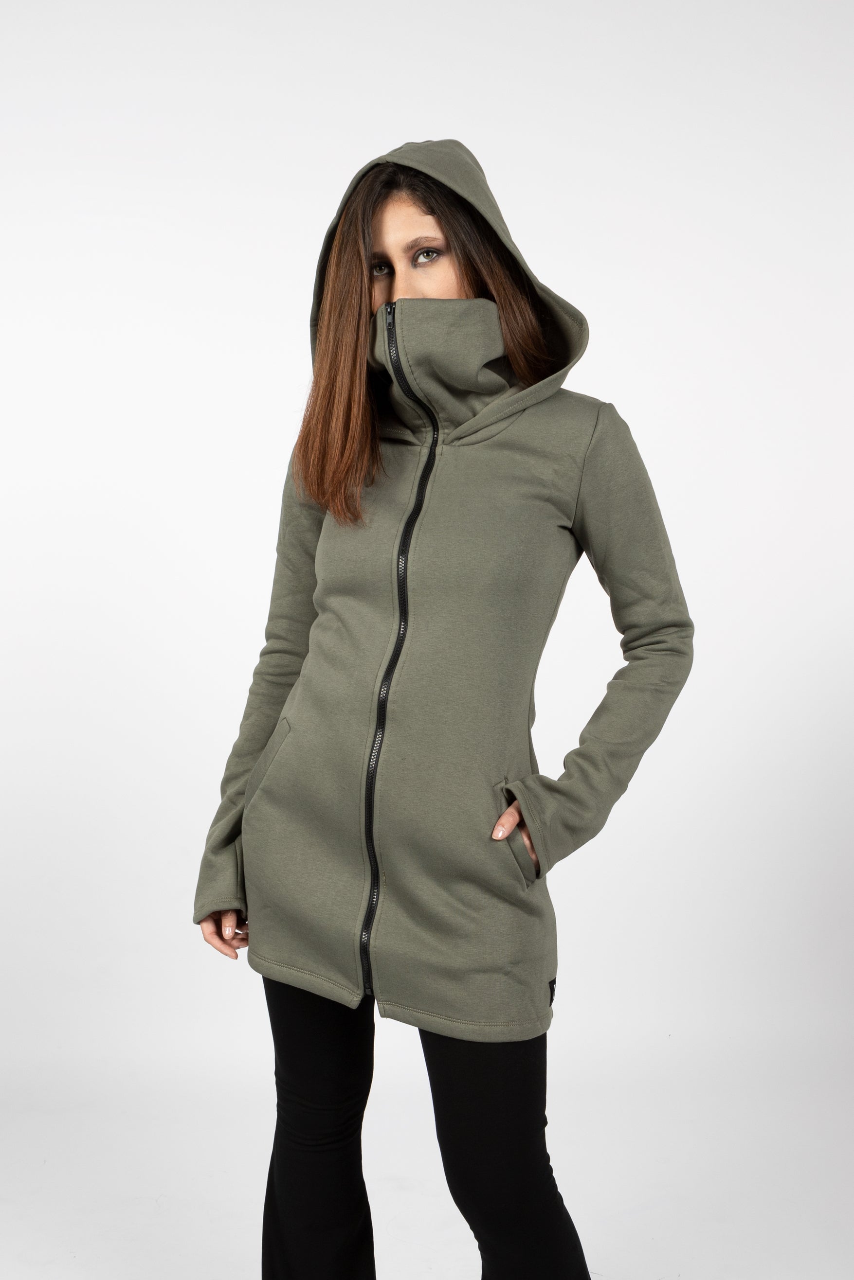 Black goth Elven Zipper Sweatshirt Coat with Hood & Face Mask
