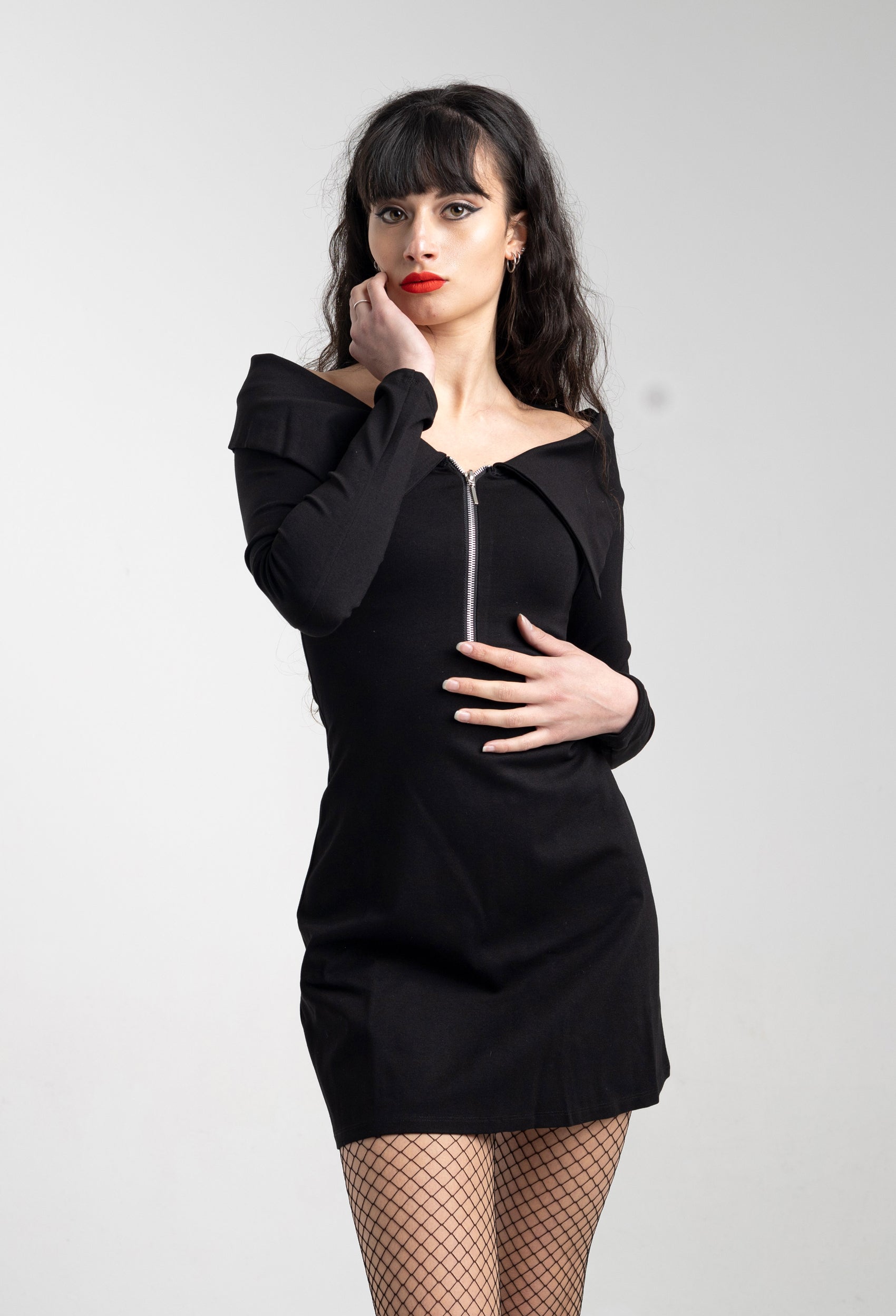 Wednesday zip off shoulder collar sleeve goth dress