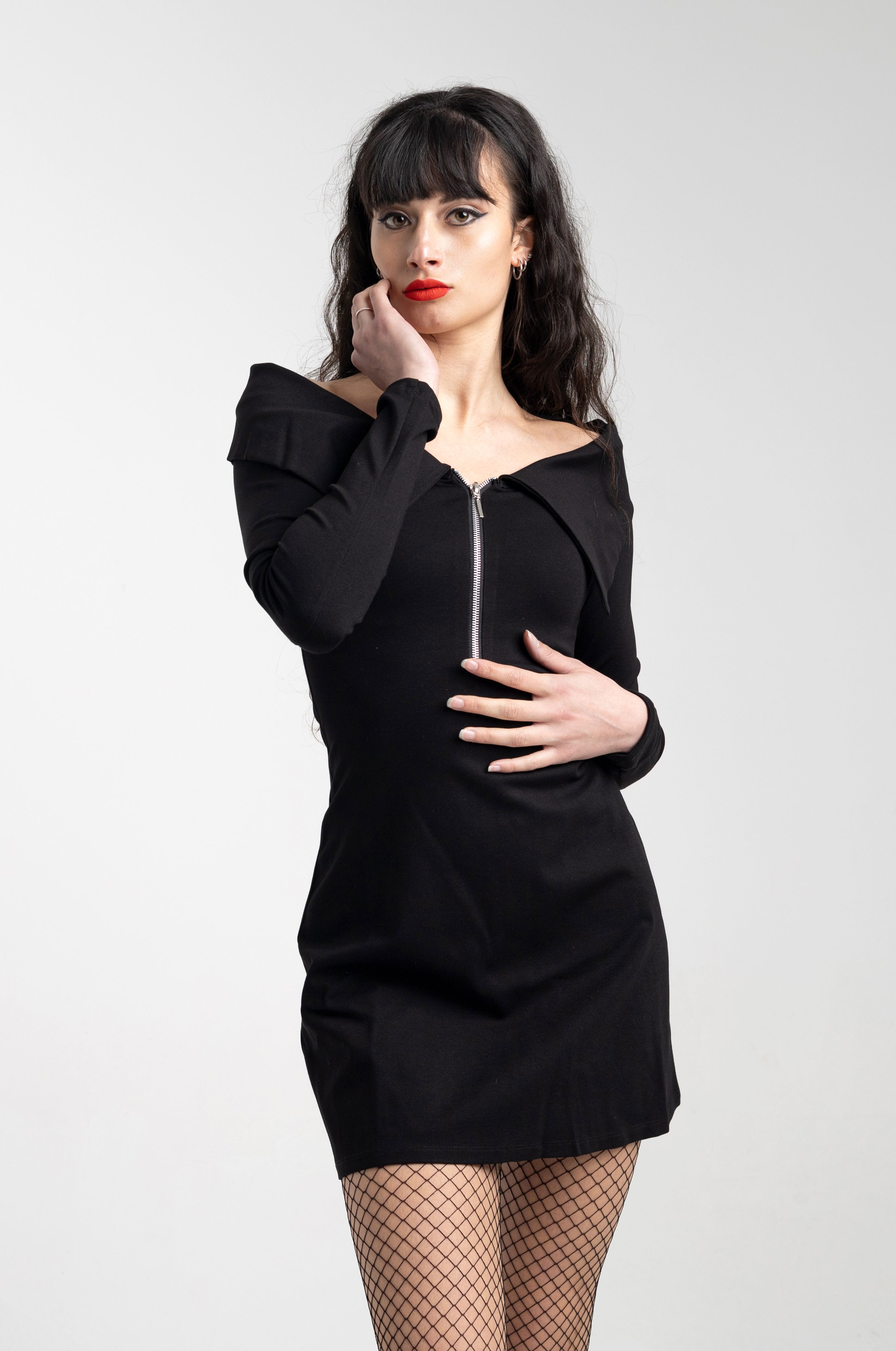 Wednesday zip off shoulder collar sleeve goth dress
