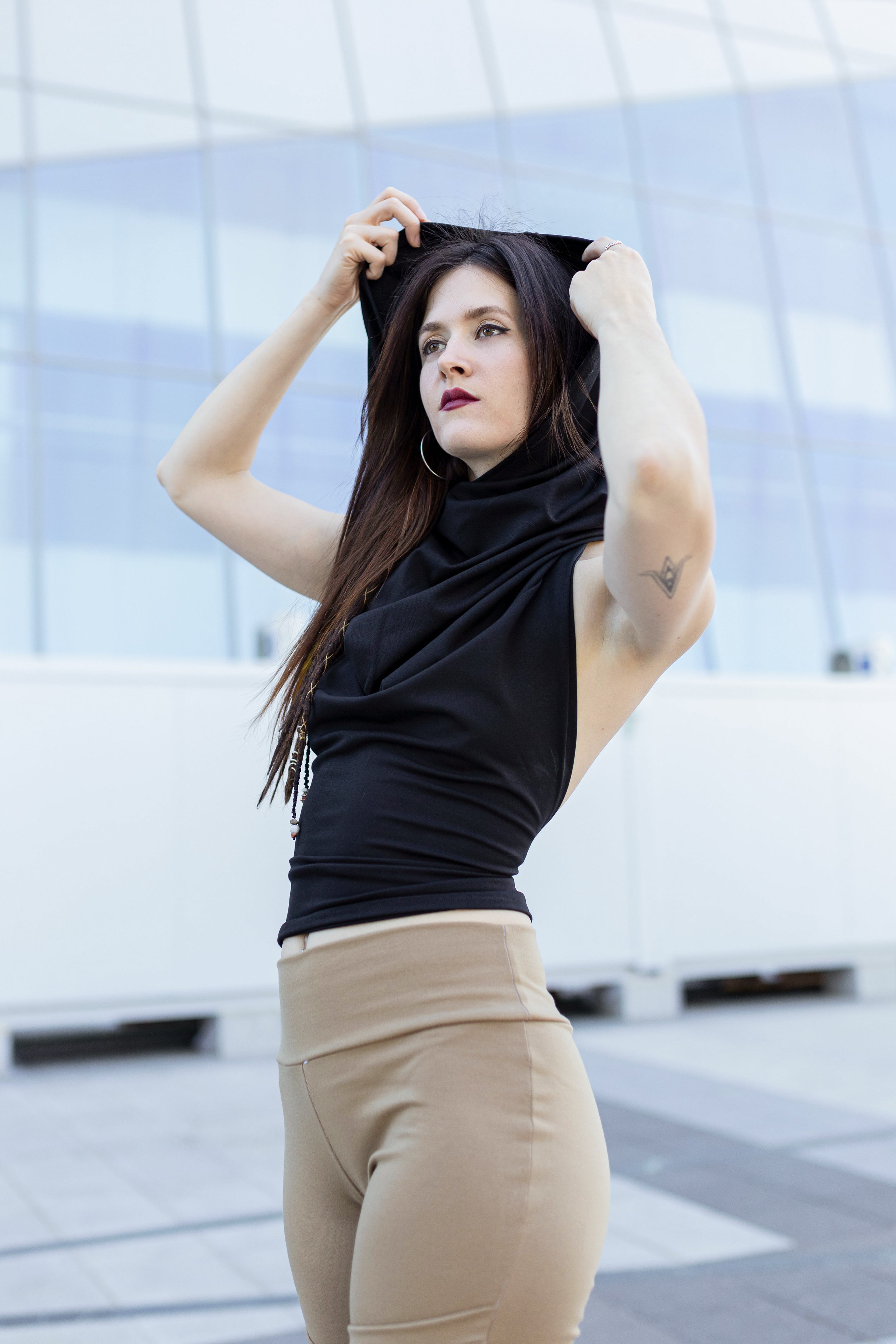Cowl neck hooded backless top black