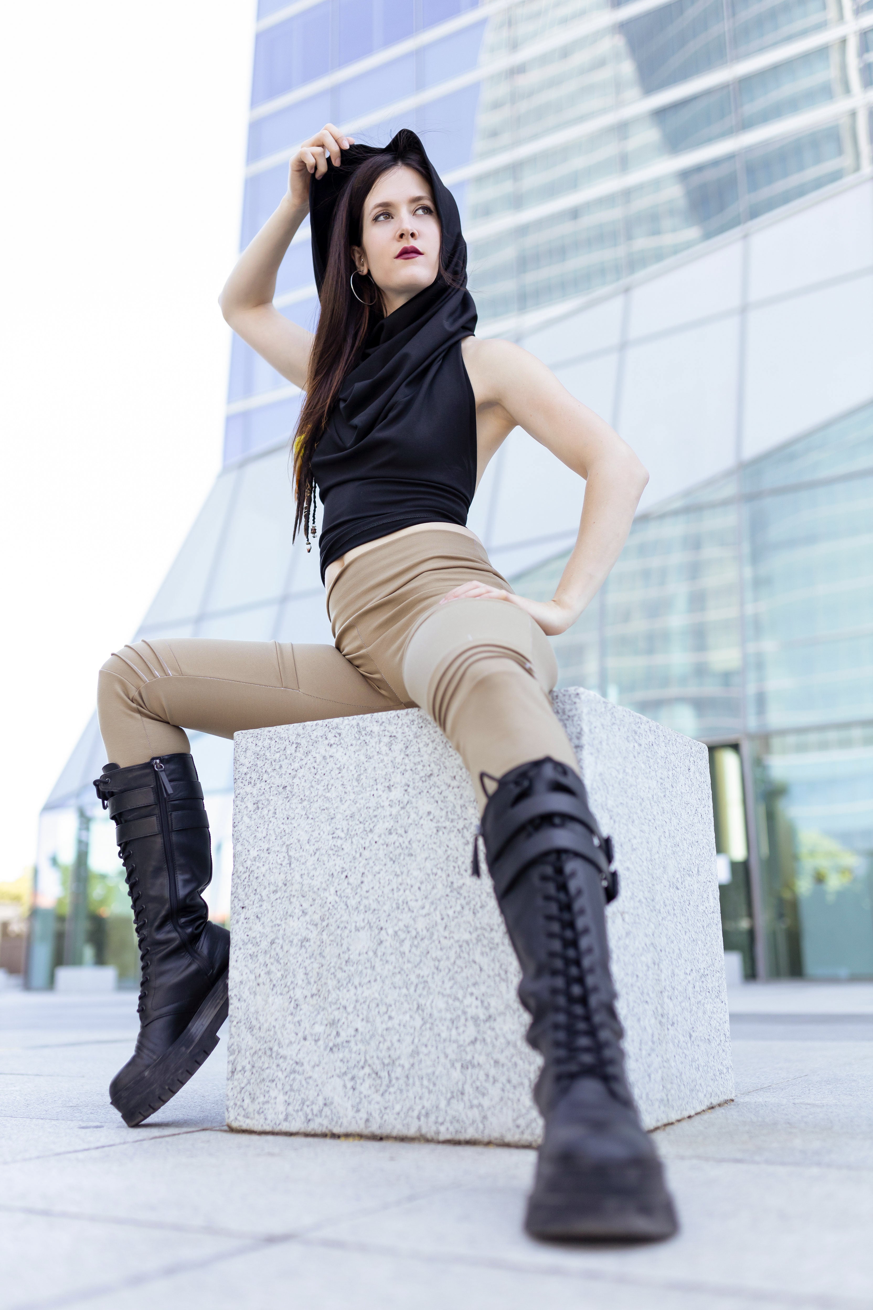 Cowl neck hooded backless top black