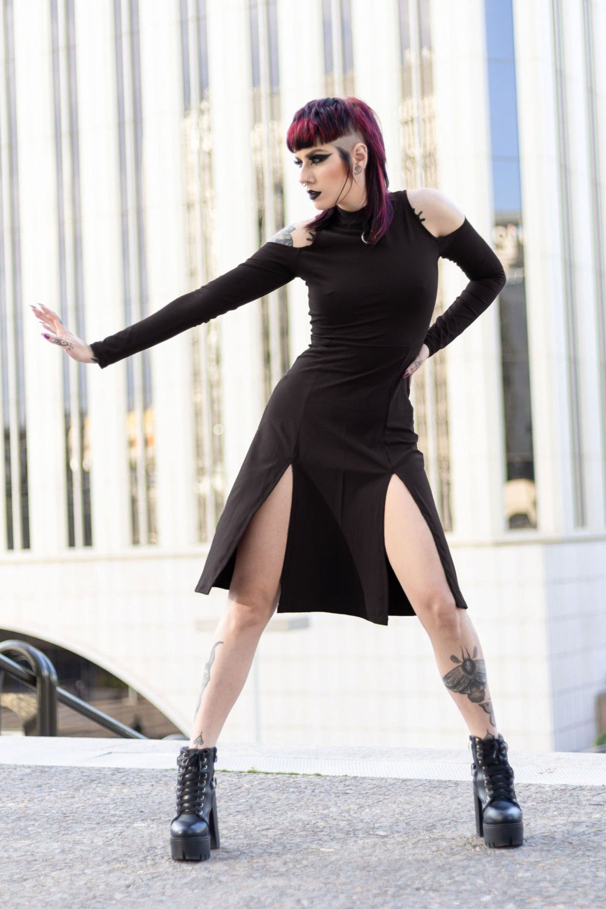 Black midi front slits cold shoulder sleeve grunge dress