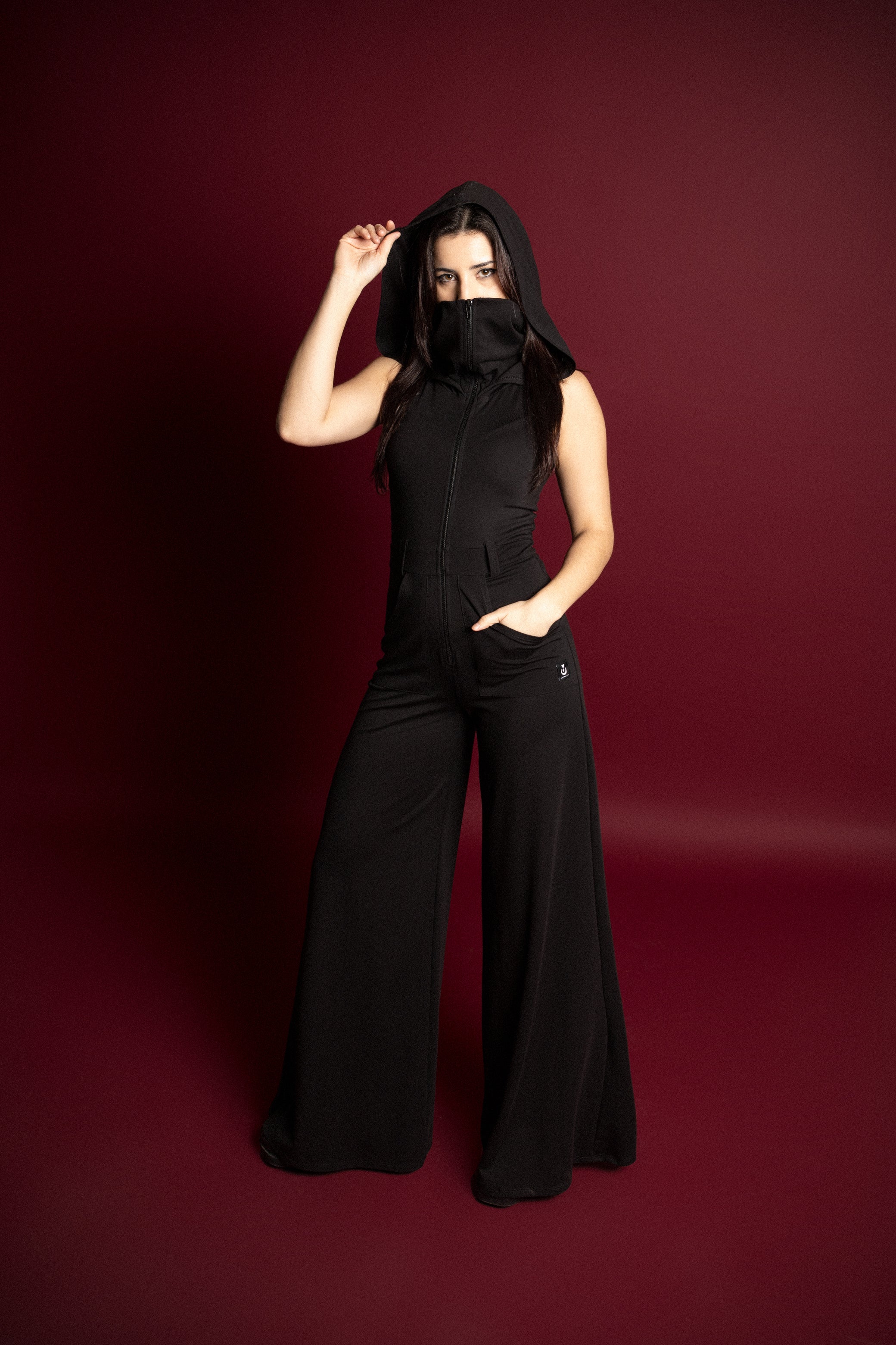Sleeveless floor length hooded Mask Jumpsuit