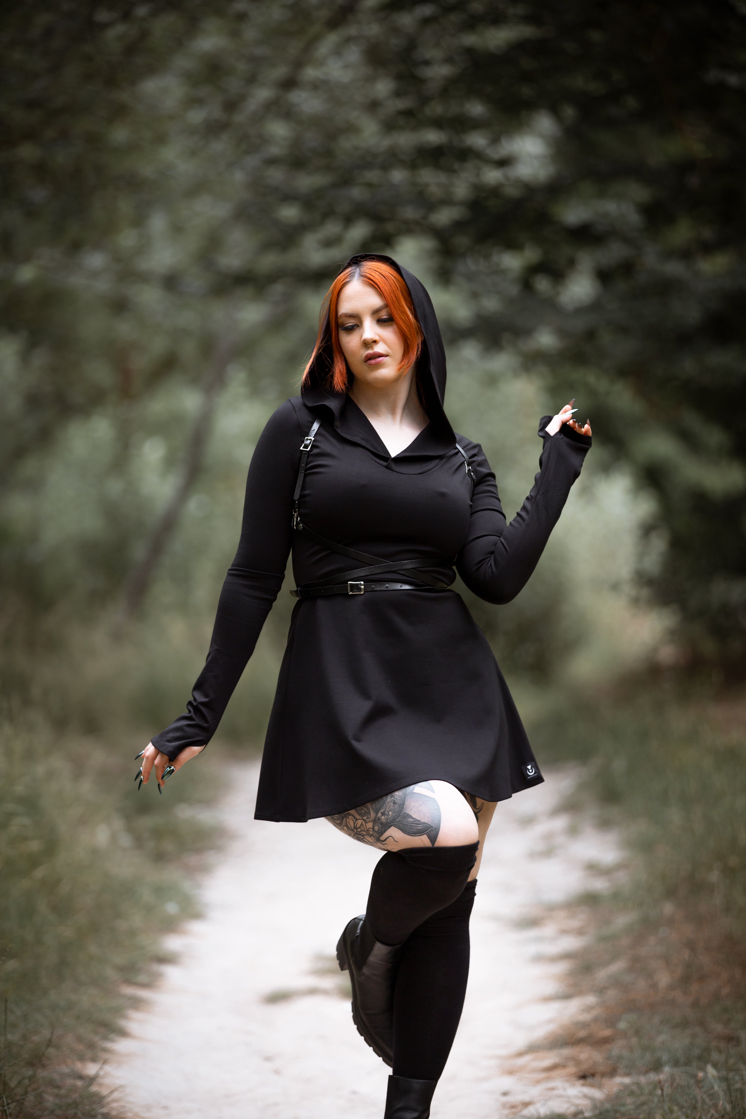 Lilith hooded skater dress with long sleeve and thumbholes