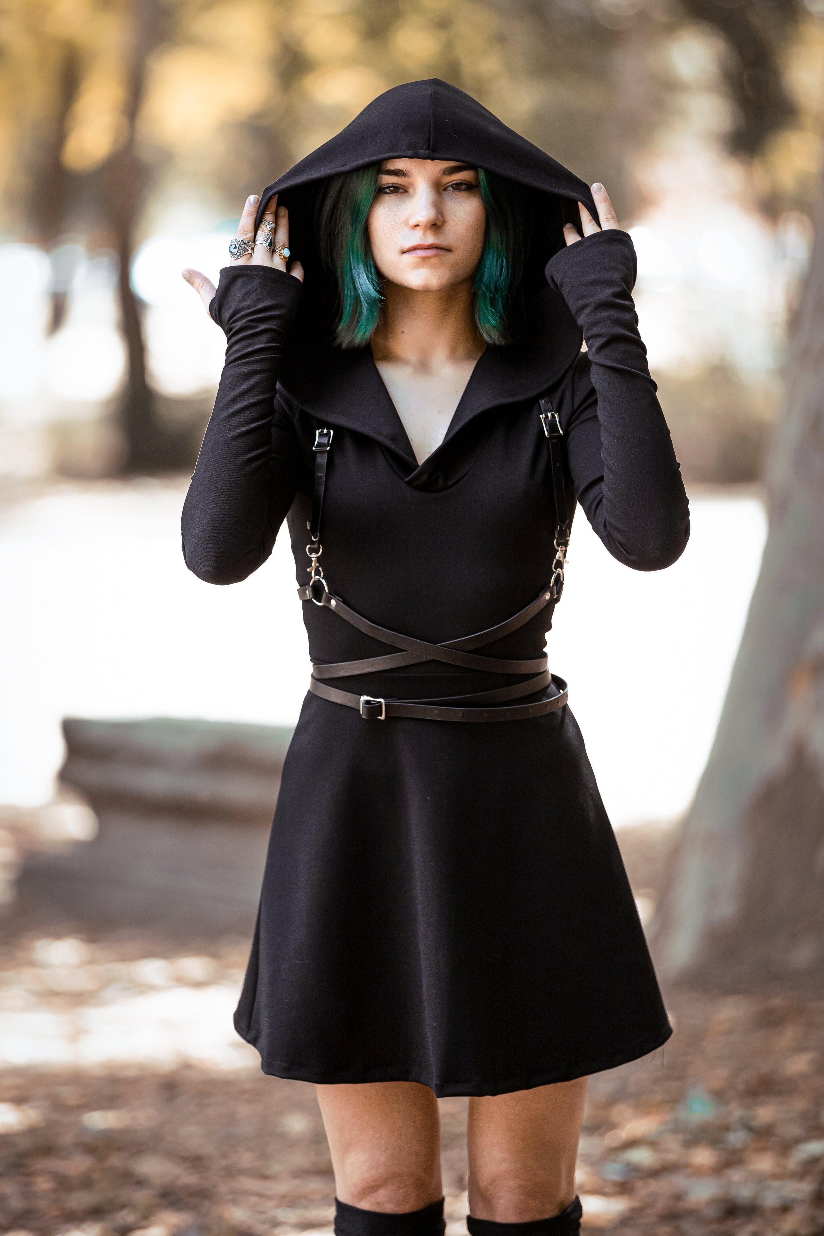 Lilith hooded skater dress with long sleeve and thumbholes