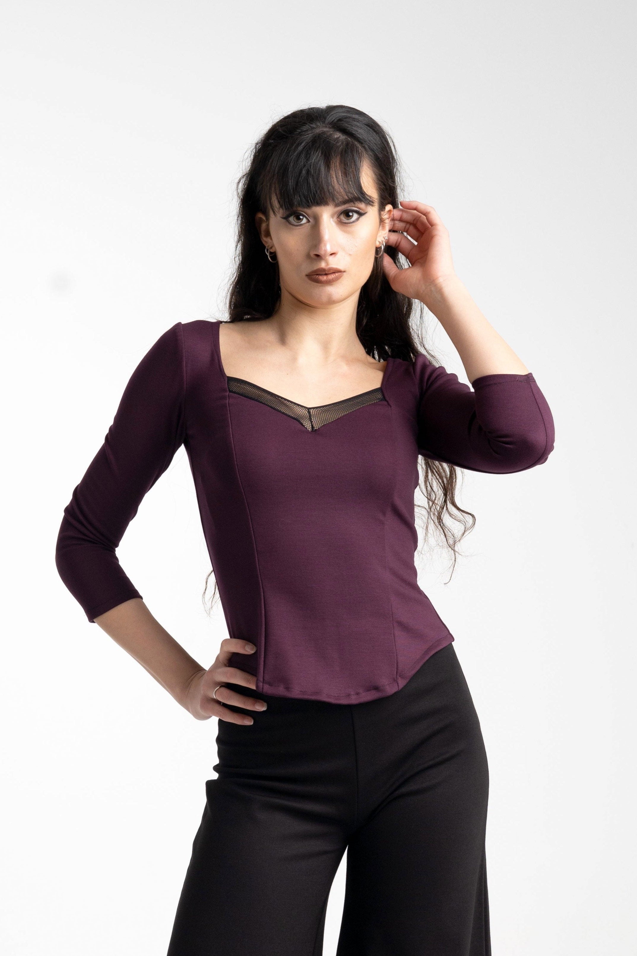 Plum 3/4 sleeve goth Coset top. Pin-up Square neck mesh top