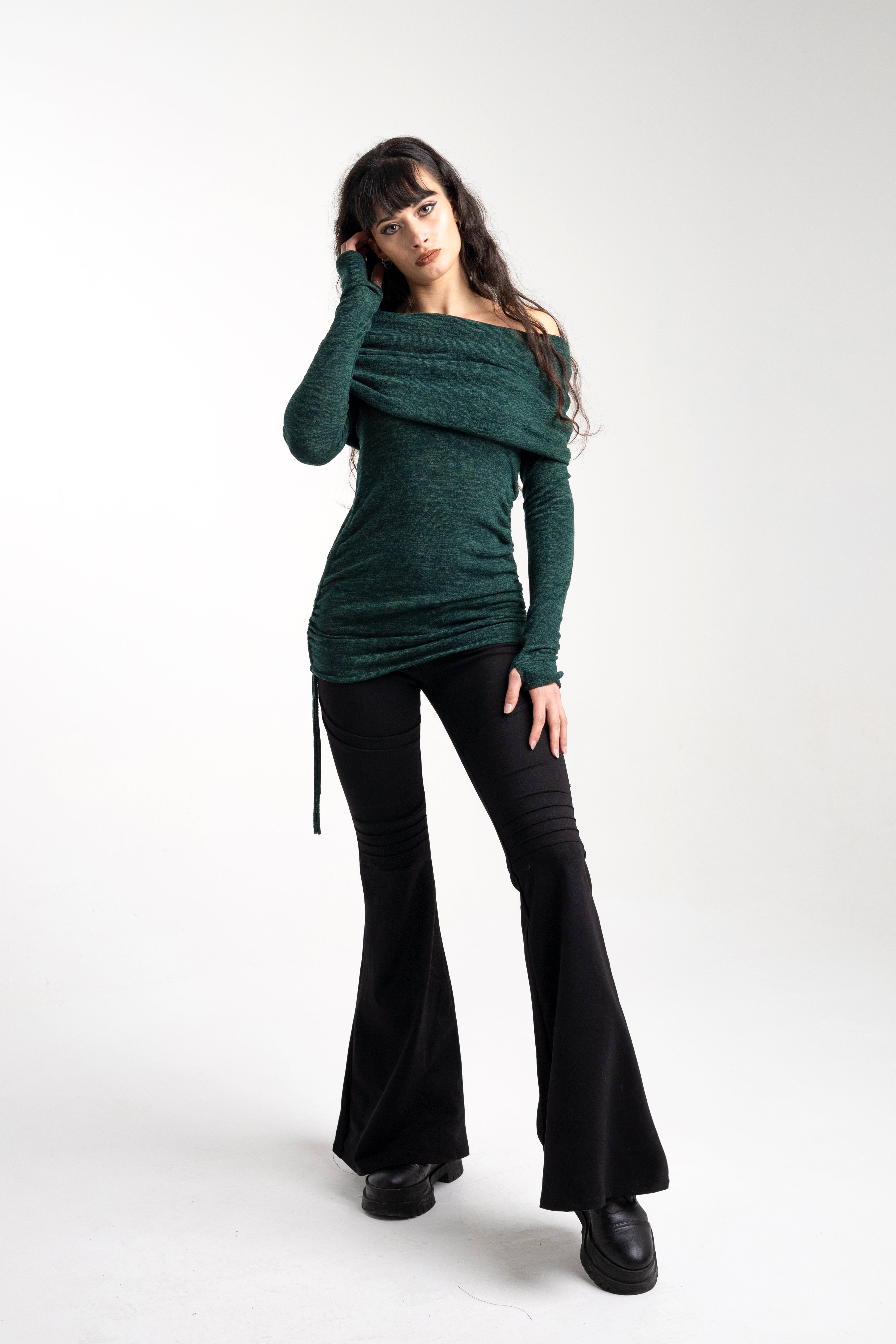 Forest green cowl hooded sweater-dress with adjustable length