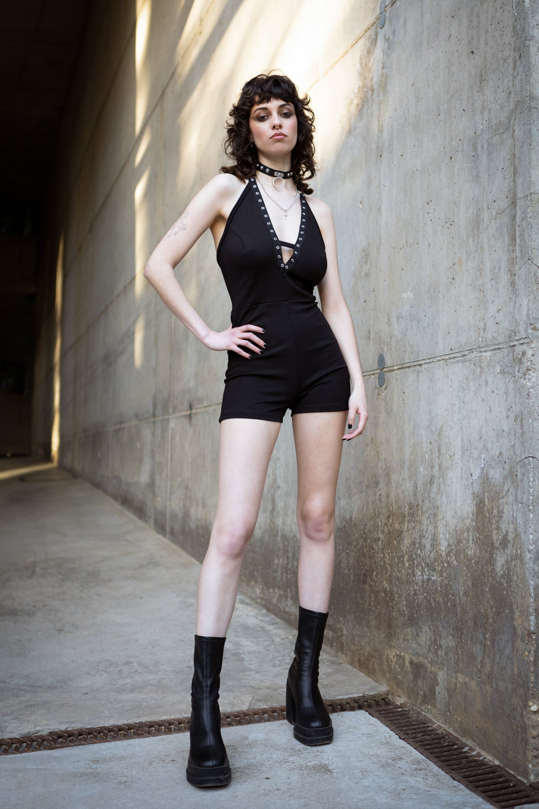 Backless Black Halter Romper – Gothic Festival Wear - Pole dance and aerial jumpsuit