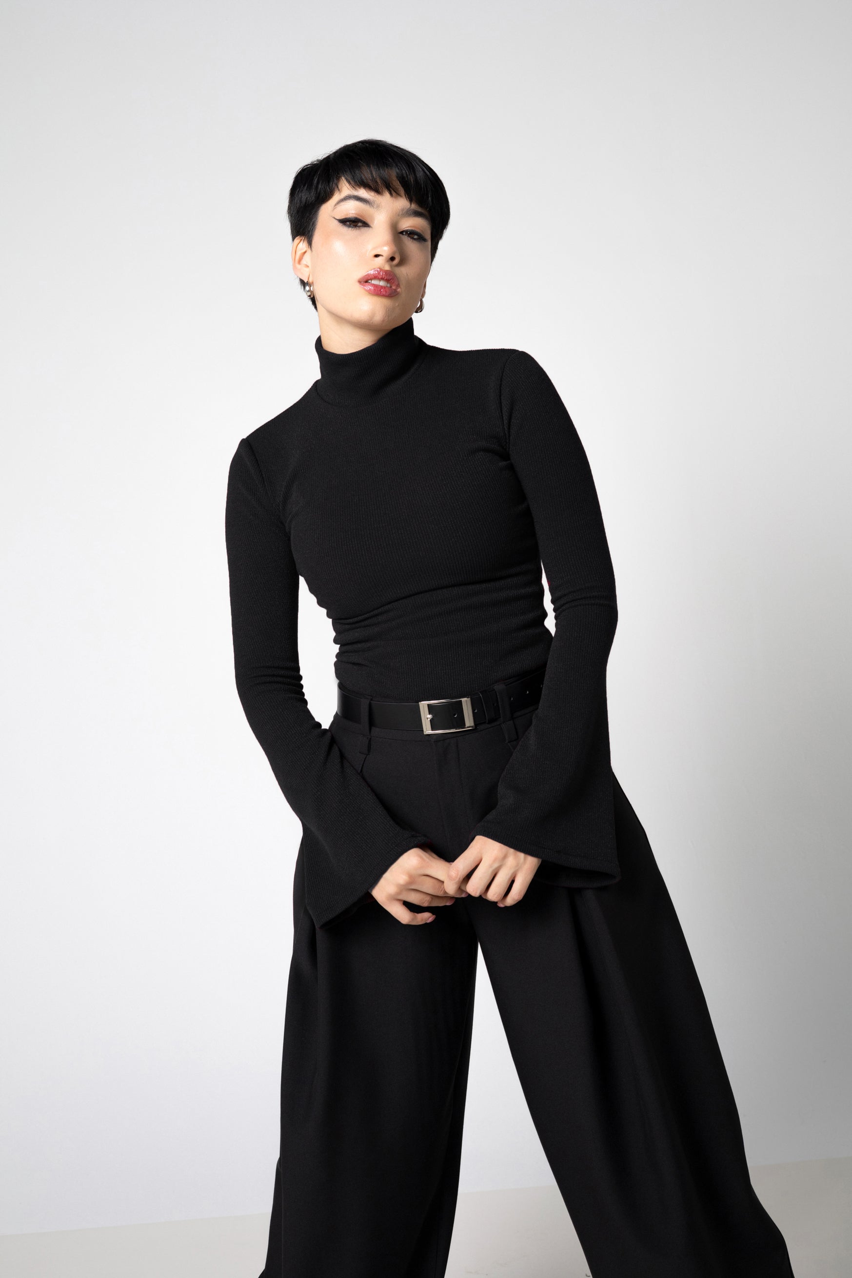Wine Ribbed Knit Turtleneck Top with Bell Sleeves – Cotton Blend Sweater