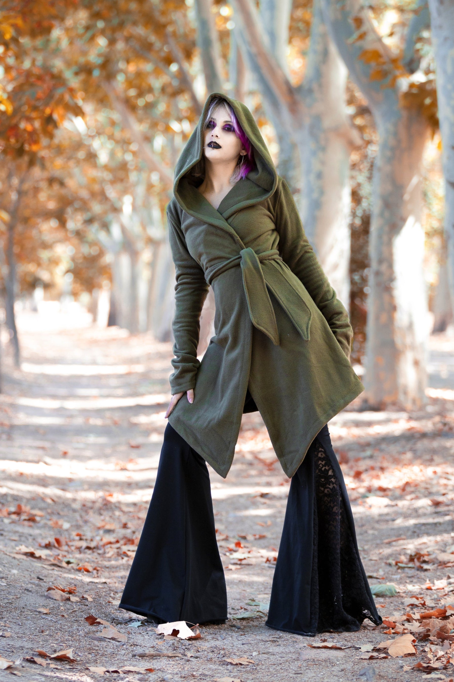 Emerald green Hooded Elven Wrap Cloak – Asymmetrical Fleece Cape with Maxi Hood