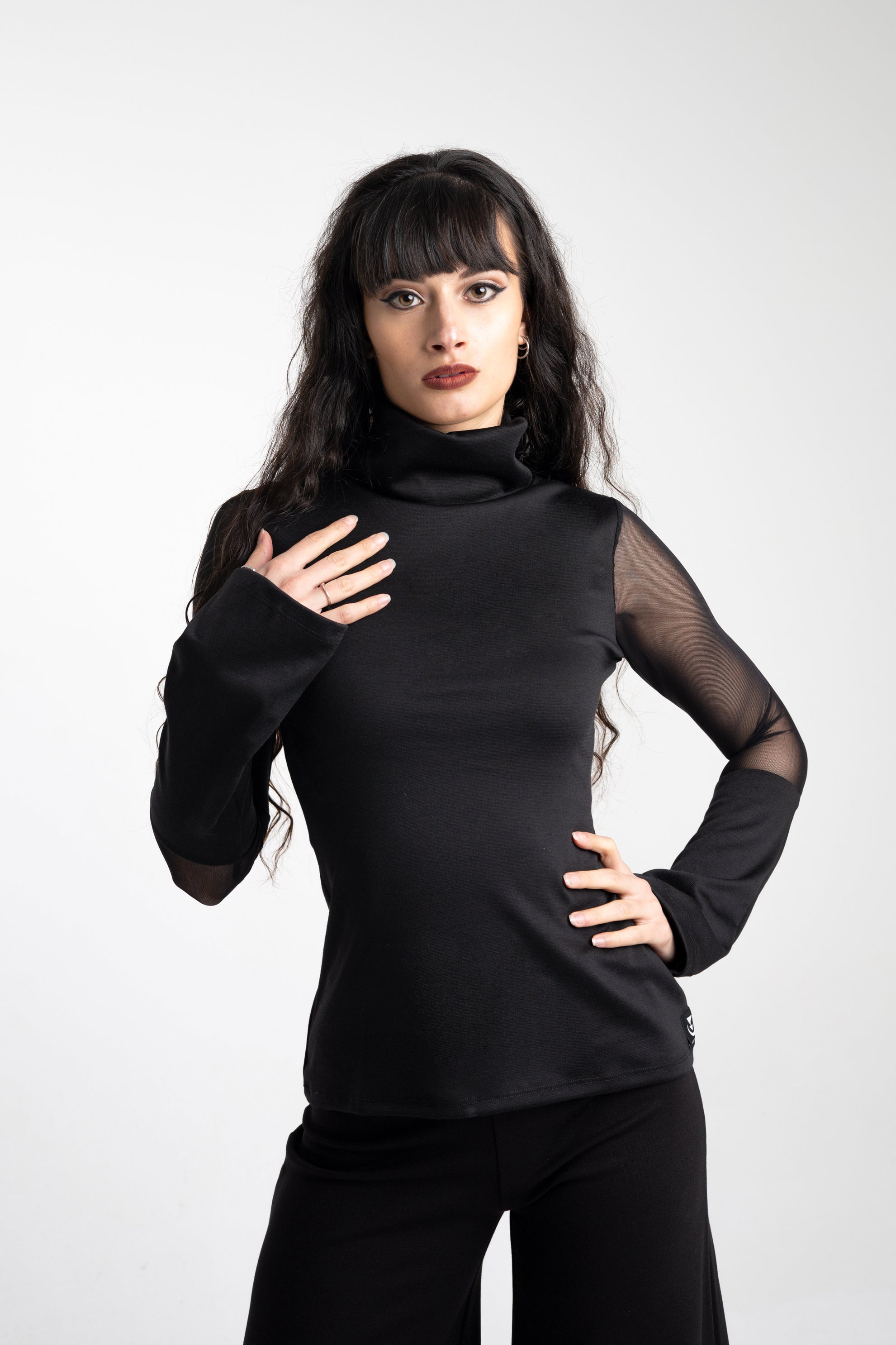 Mesh turtle neck long sleeve top