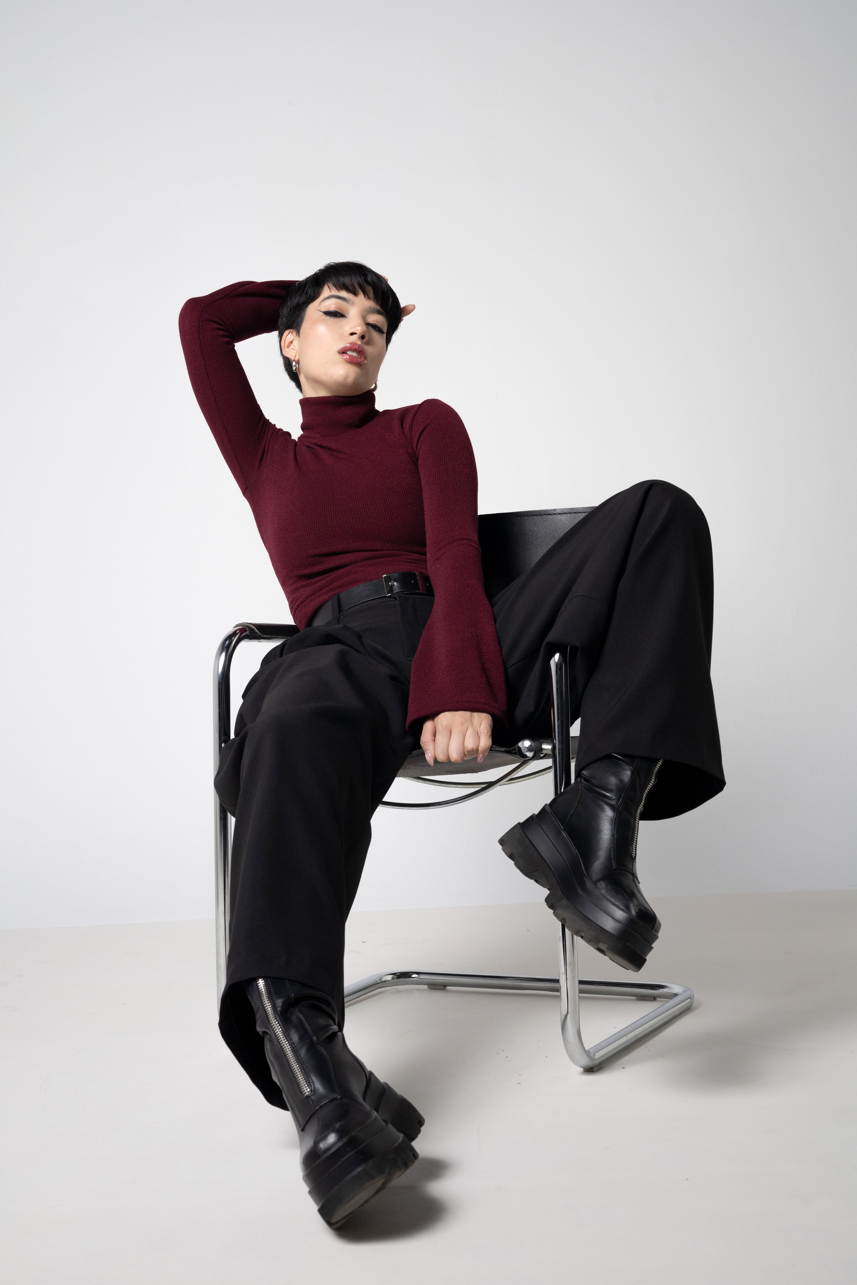 Wine Ribbed Knit Turtleneck Top with Bell Sleeves – Cotton Blend Sweater