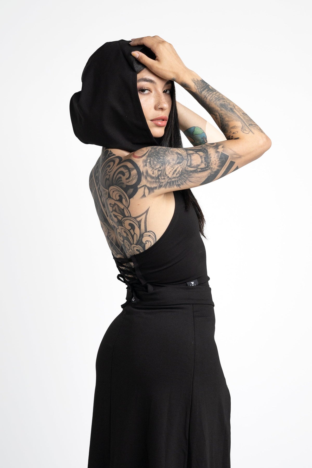 Backless tie Hooded black crop top with face dust mask