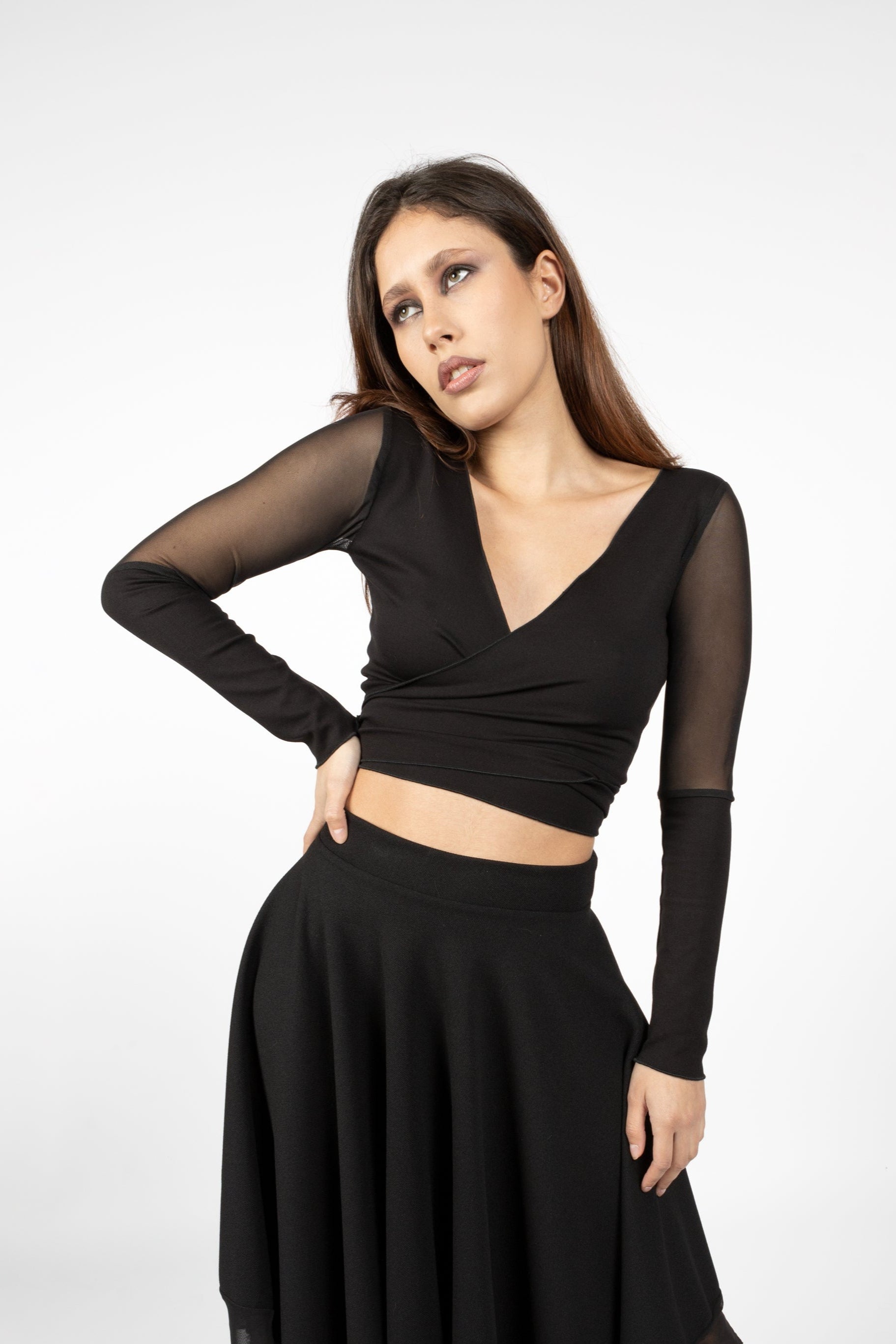 Black Mesh Sleeve Wrap VNeck Top – Gothic & Elegant Long Sleeve Crop