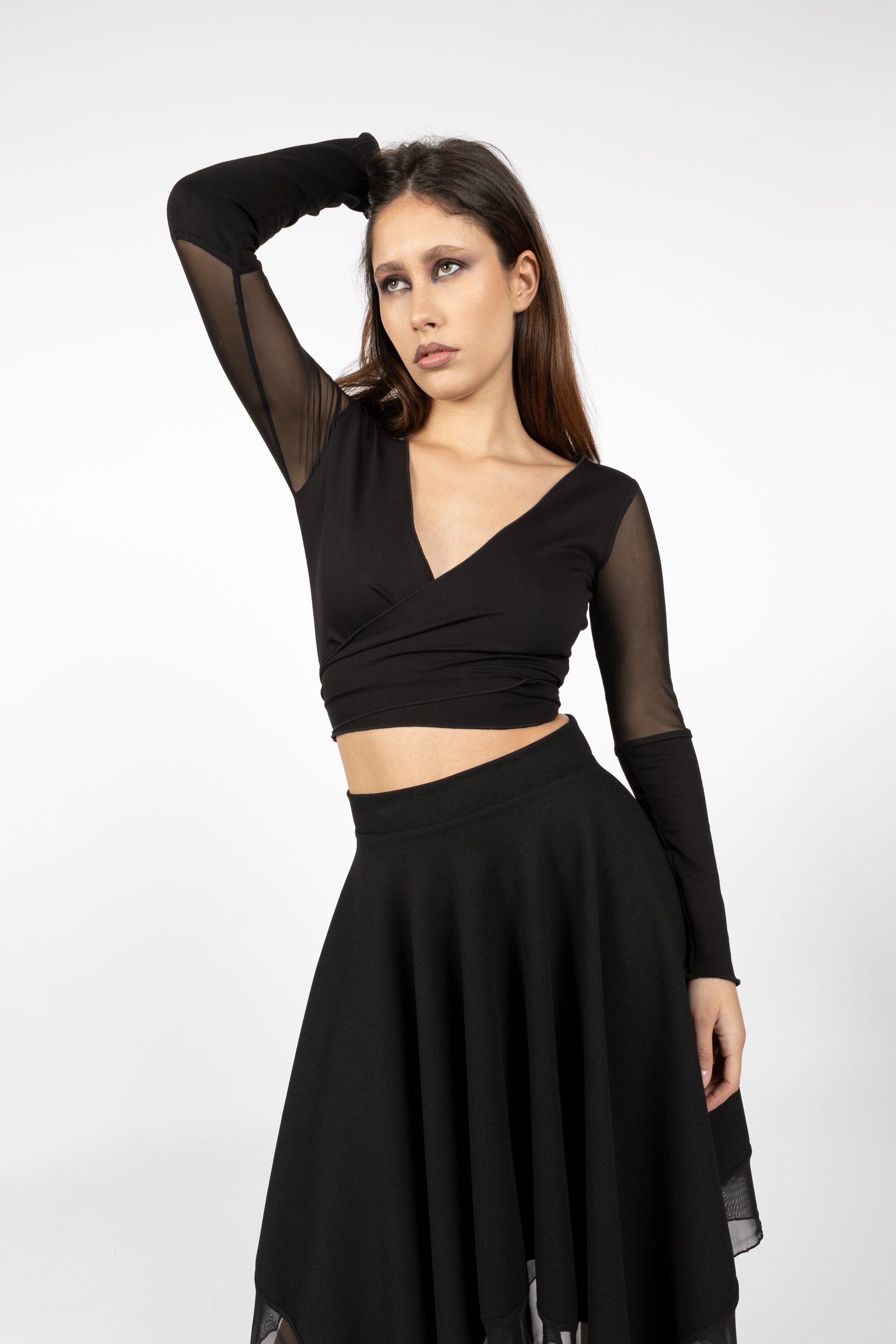 Black Mesh Sleeve Wrap VNeck Top – Gothic & Elegant Long Sleeve Crop