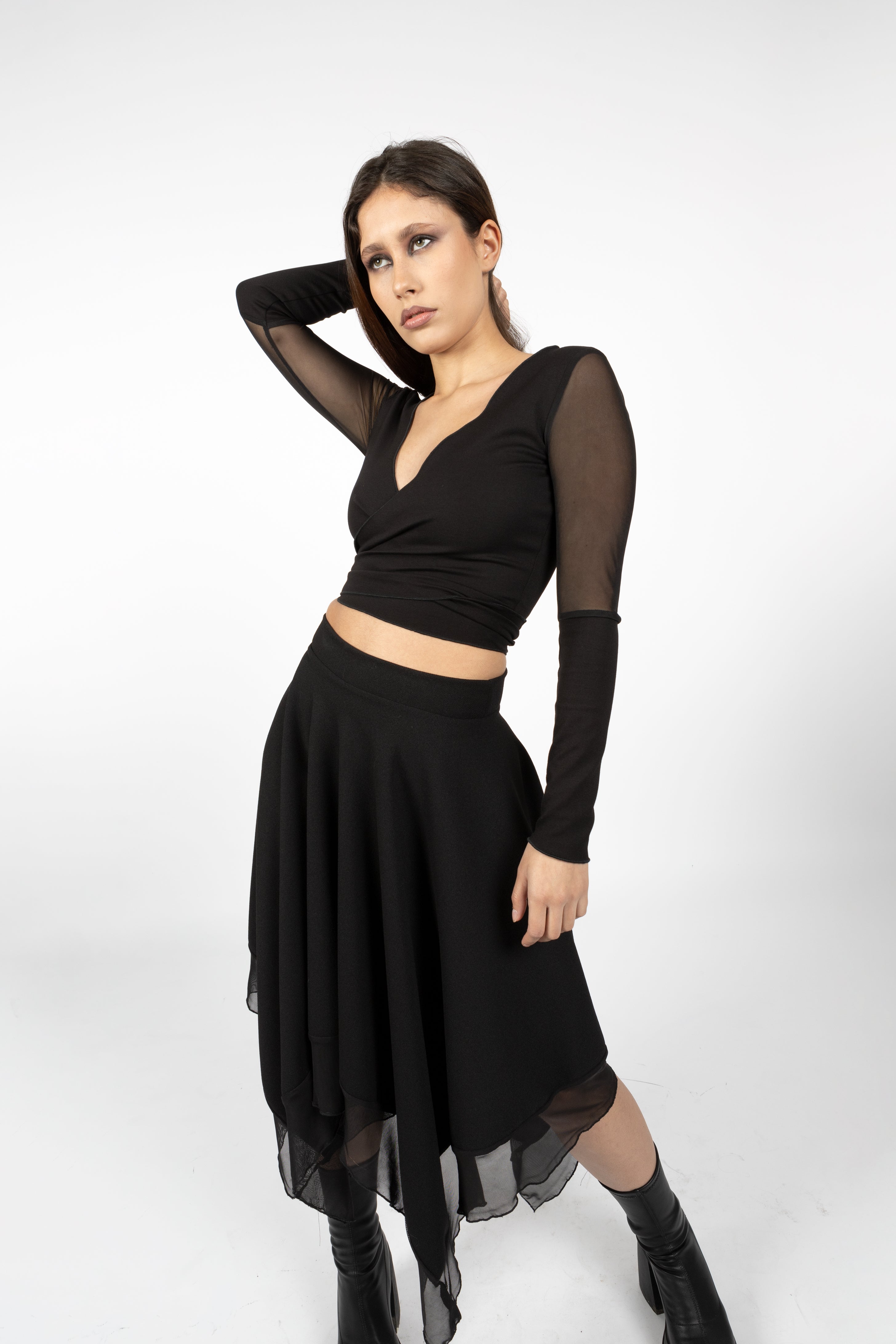 Black Mesh Sleeve Wrap VNeck Top – Gothic & Elegant Long Sleeve Crop