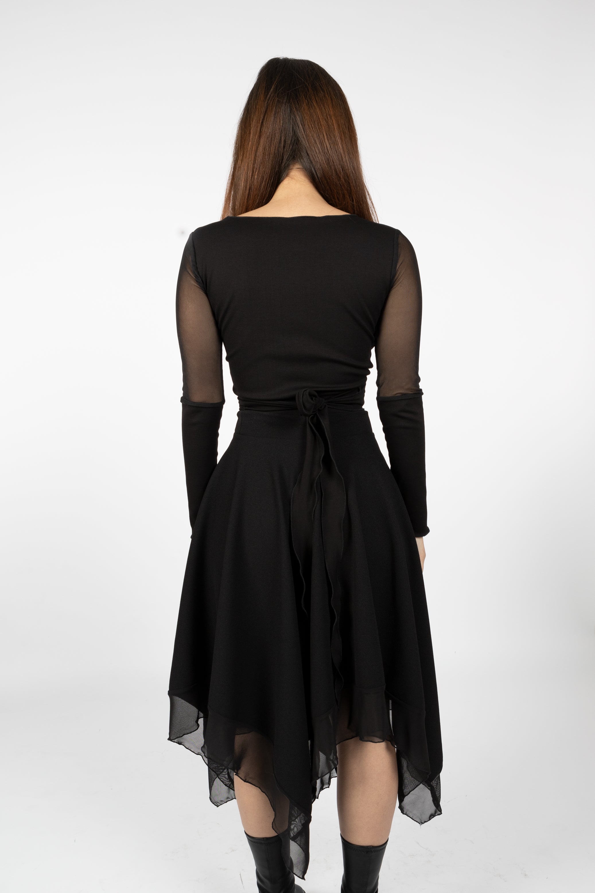 Black Mesh Sleeve Wrap VNeck Top – Gothic & Elegant Long Sleeve Crop